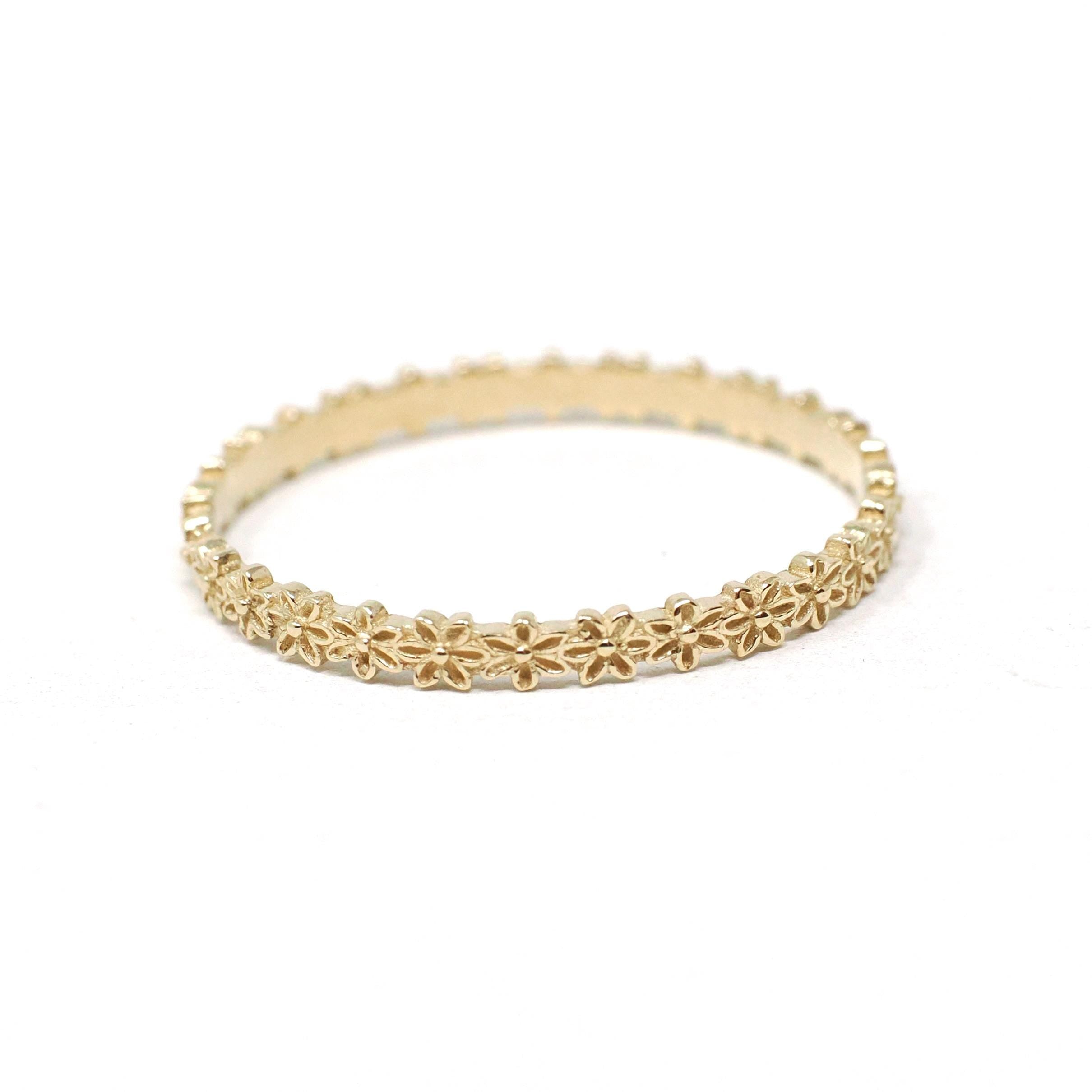 Eternity Flower Band - Estate 14k Yellow Gold Floral 2.3 MM Stacking Wedding Ring - Modern Era Size 8.75 Nature Inspired Dainty Fine Jewelry