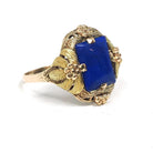 Lapis Lazuli Ring - Vintage 10k Two Tone Gold Dark Blue Cabochon Gemstone - Circa 1940s Era Size 6 1/4 Floral Details Fine Statement Jewelry