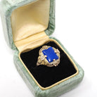 Lapis Lazuli Ring - Vintage 10k Two Tone Gold Dark Blue Cabochon Gemstone - Circa 1940s Era Size 6 1/4 Floral Details Fine Statement Jewelry