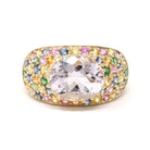 Amethyst Rainbow Ring - Modern 14k Yellow Gold Natural Pale Purple Gem Sapphire & Emerald - Estate Size 9.25 Pave Set Dome Band Fine Jewelry