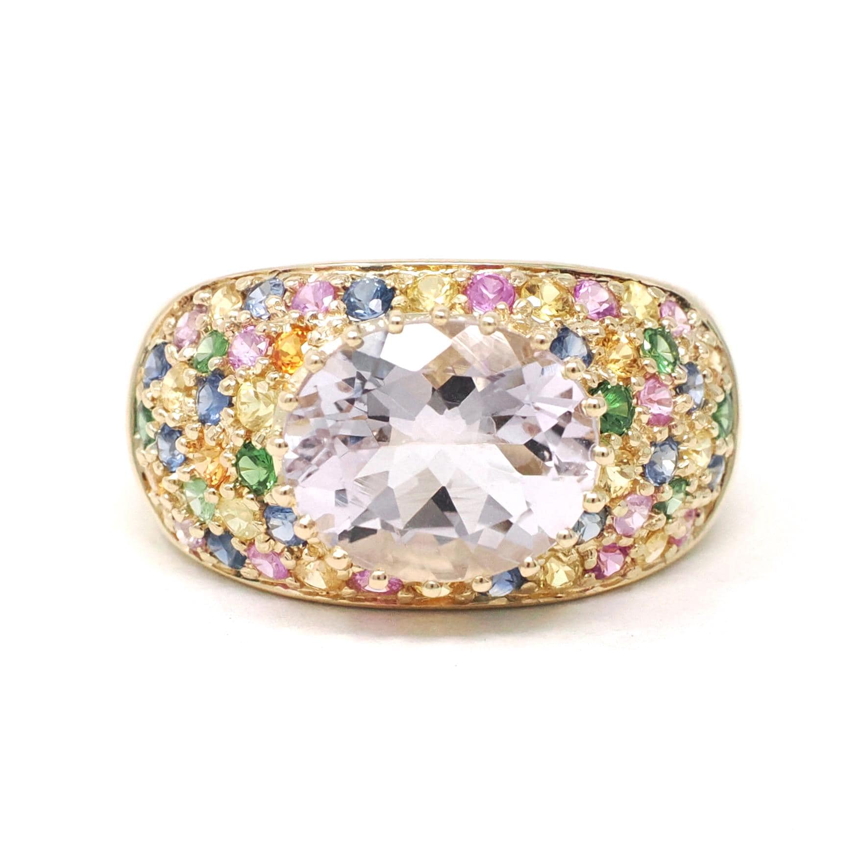 Amethyst Rainbow Ring - Modern 14k Yellow Gold Natural Pale Purple Gem Sapphire & Emerald - Estate Size 9.25 Pave Set Dome Band Fine Jewelry