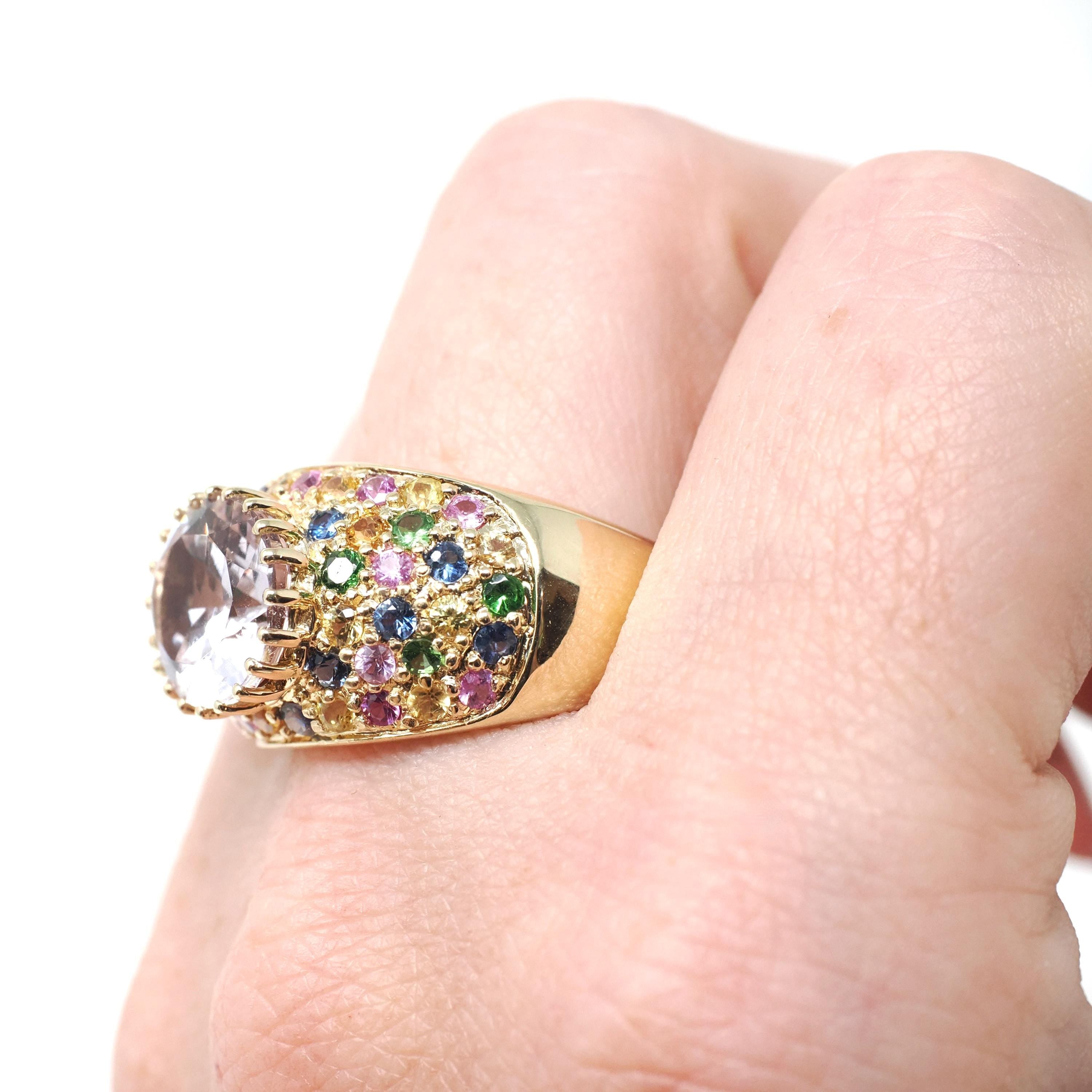 Amethyst Rainbow Ring - Modern 14k Yellow Gold Natural Pale Purple Gem Sapphire & Emerald - Estate Size 9.25 Pave Set Dome Band Fine Jewelry