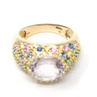 Amethyst Rainbow Ring - Modern 14k Yellow Gold Natural Pale Purple Gem Sapphire & Emerald - Estate Size 9.25 Pave Set Dome Band Fine Jewelry