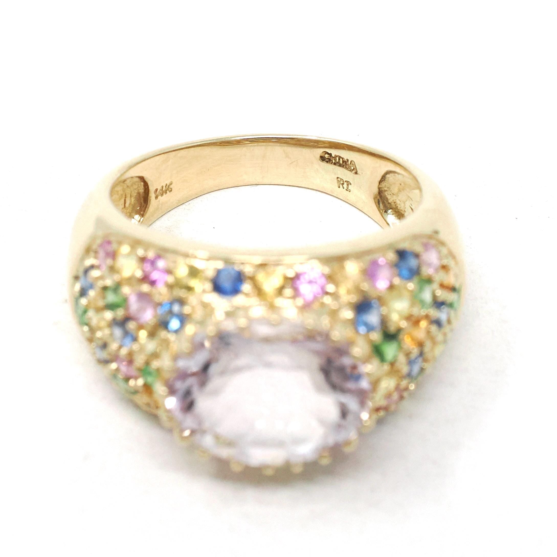 Amethyst Rainbow Ring - Modern 14k Yellow Gold Natural Pale Purple Gem Sapphire & Emerald - Estate Size 9.25 Pave Set Dome Band Fine Jewelry