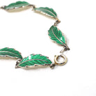 Enamel Leaf Bracelet - Vintage Mid Century Sterling Silver Green Panel Links - Circa 1960s Era Nature Inspired Norway Fine Flora Jewelry