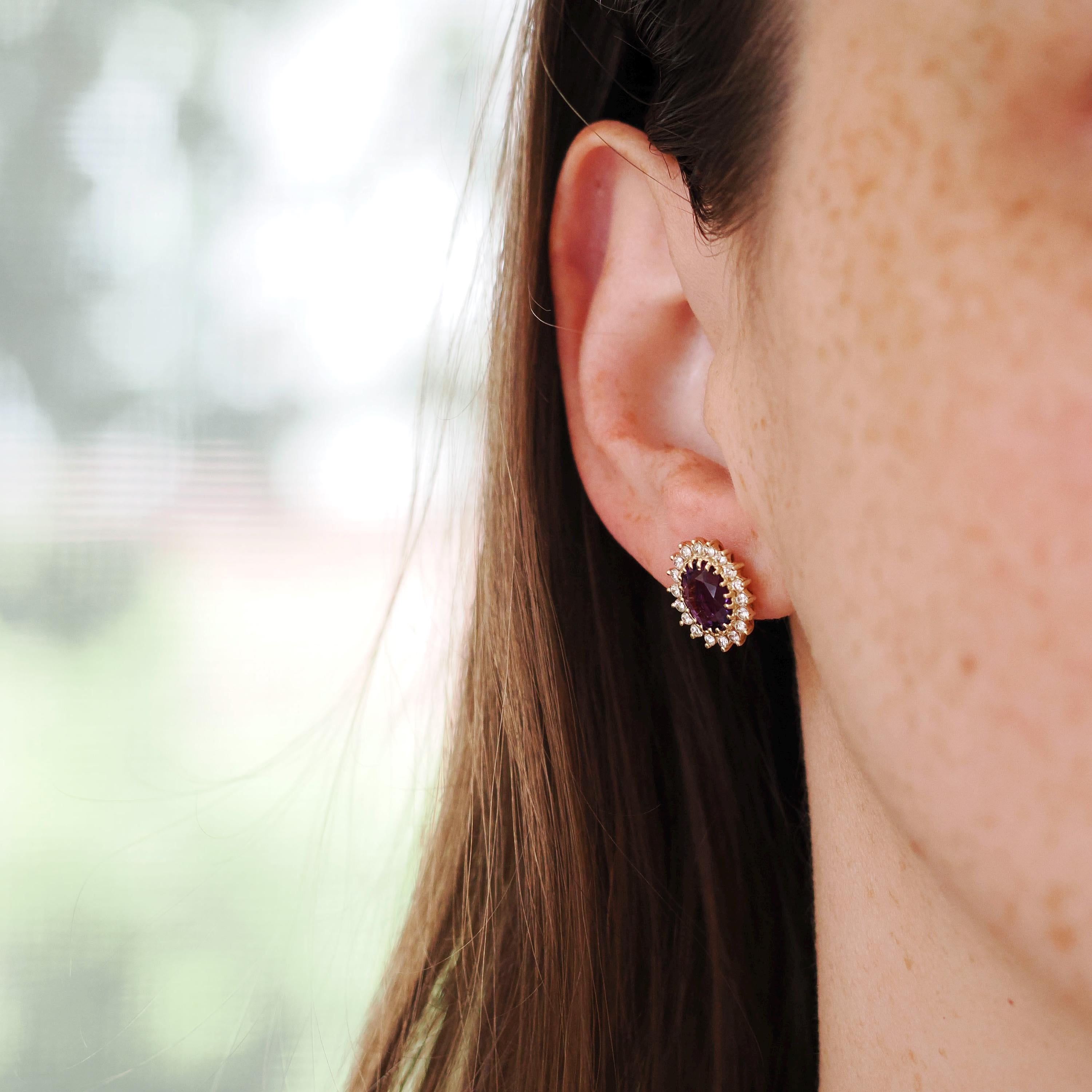 Amethyst & Diamond Halo Earrings - Modern 14k Yellow Gold Pierced Post Push Back Cluster Gem Studs - Estate Circa 2000's Era Purple Jewelry