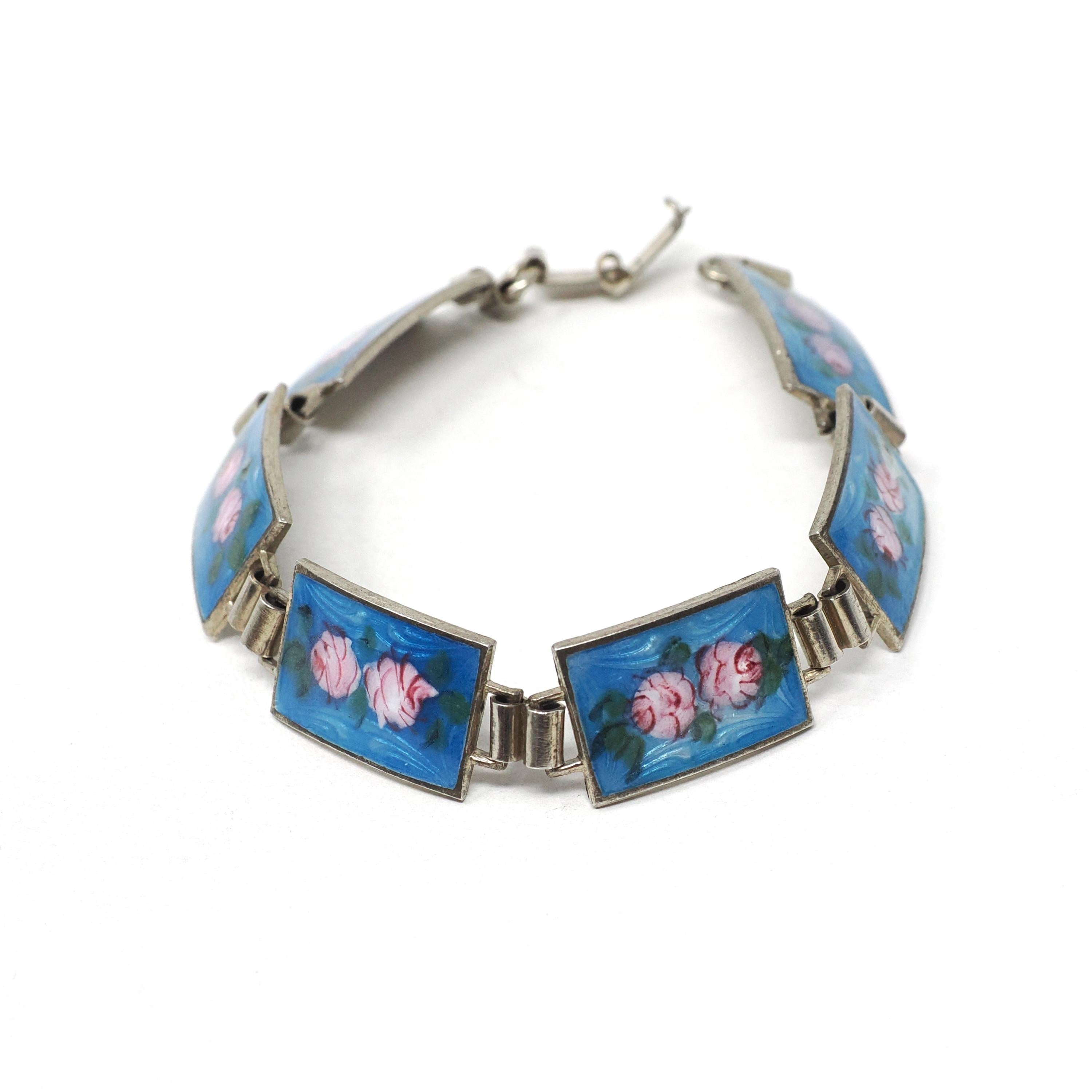 Art Deco Bracelet - Vintage Sterling Silver Blue Guilloché Enamel Pink Rose Baby Blue - Circa 1930s Era Panel Fashion Accessory 30s Jewelry