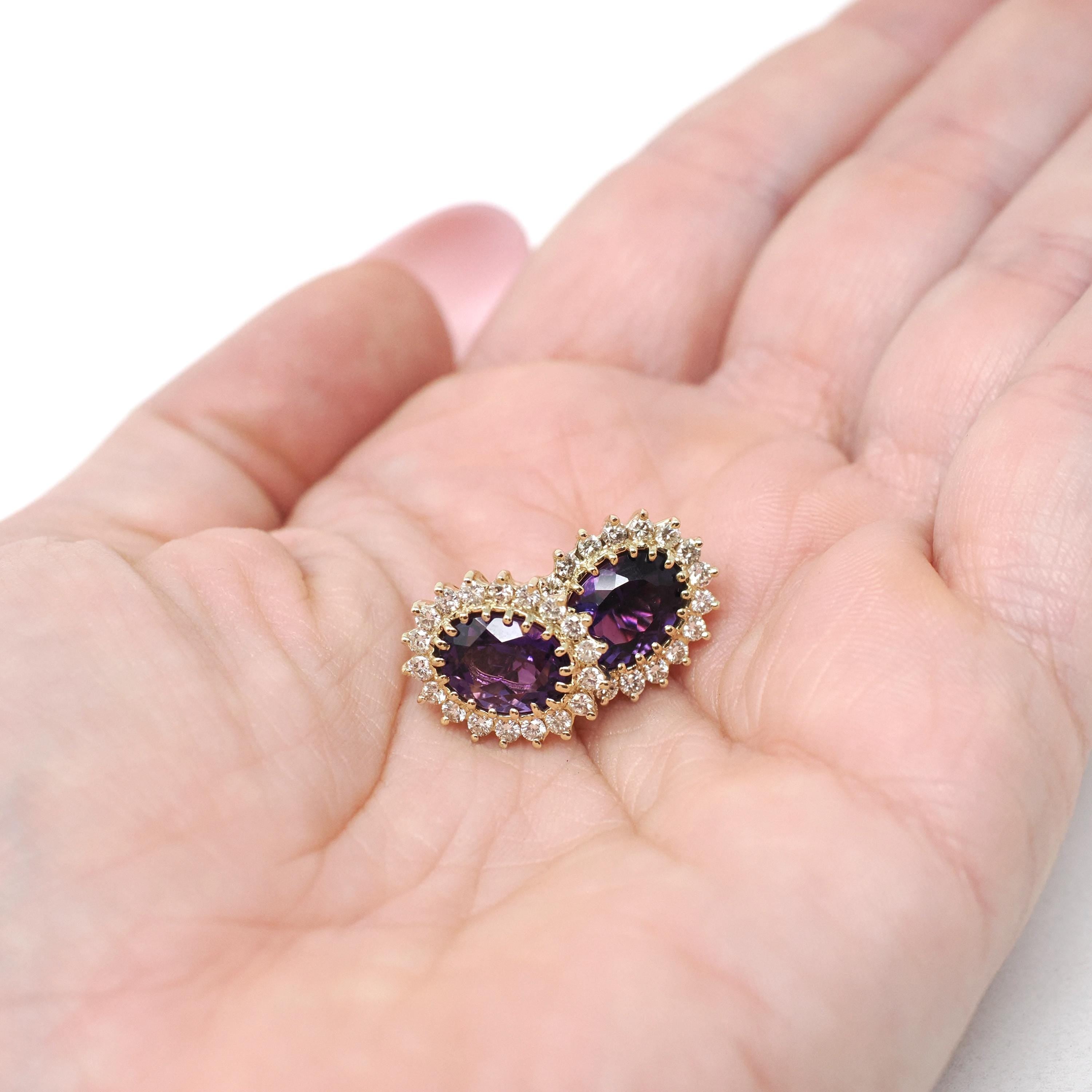 Amethyst & Diamond Halo Earrings - Modern 14k Yellow Gold Pierced Post Push Back Cluster Gem Studs - Estate Circa 2000's Era Purple Jewelry