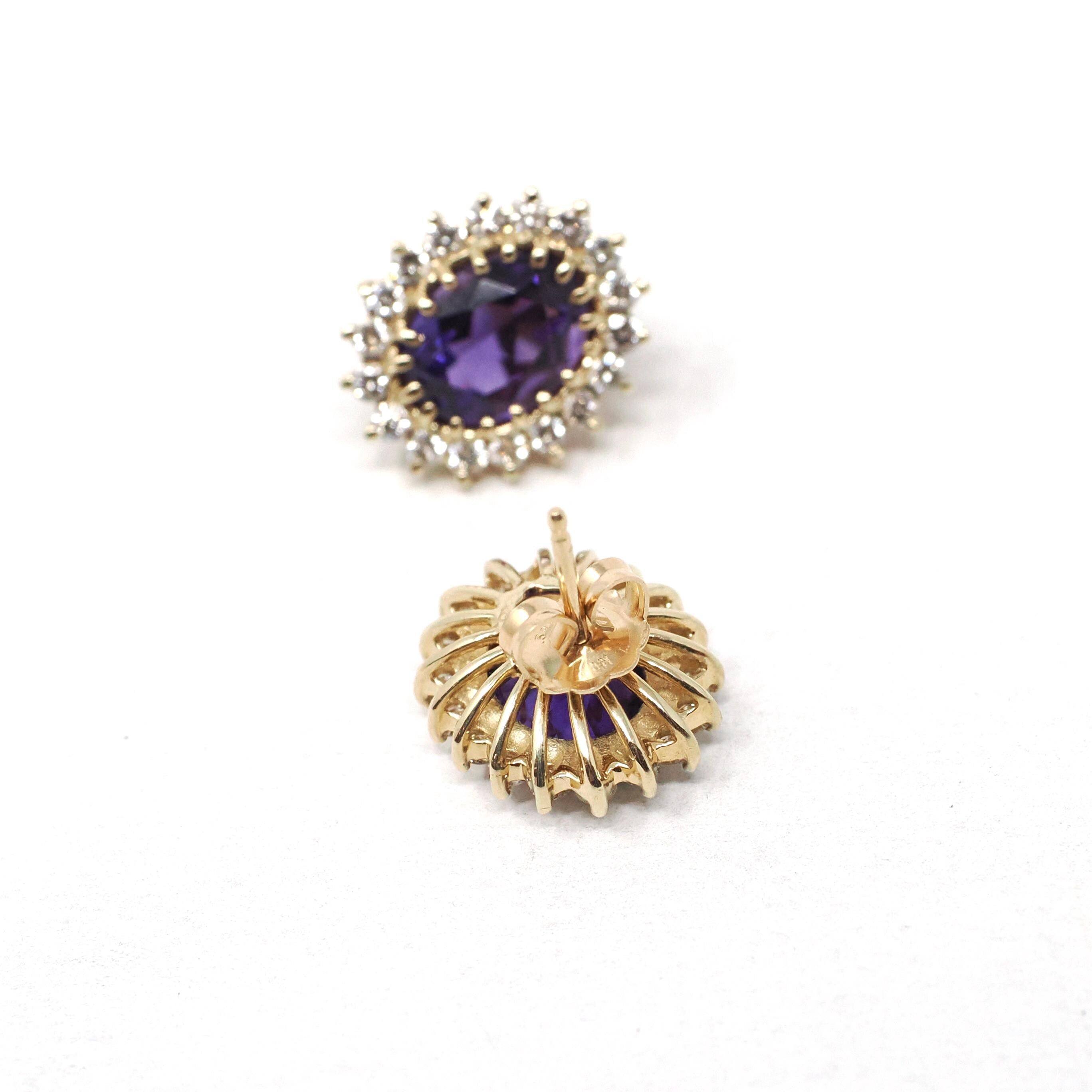 Amethyst & Diamond Halo Earrings - Modern 14k Yellow Gold Pierced Post Push Back Cluster Gem Studs - Estate Circa 2000's Era Purple Jewelry