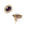 Amethyst & Diamond Halo Earrings - Modern 14k Yellow Gold Pierced Post Push Back Cluster Gem Studs - Estate Circa 2000's Era Purple Jewelry