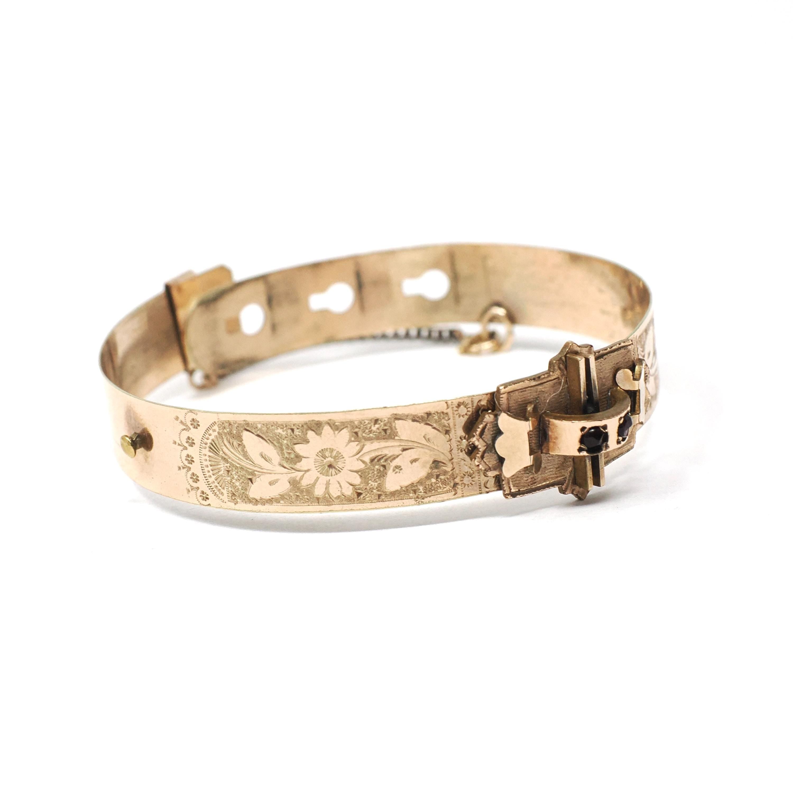 Victorian Era Bangle - Antique Gold Filled Simulated Garnet Red Glass Belt Buckle Style Bracelet - Circa 1900 Floral Children's Jewelry