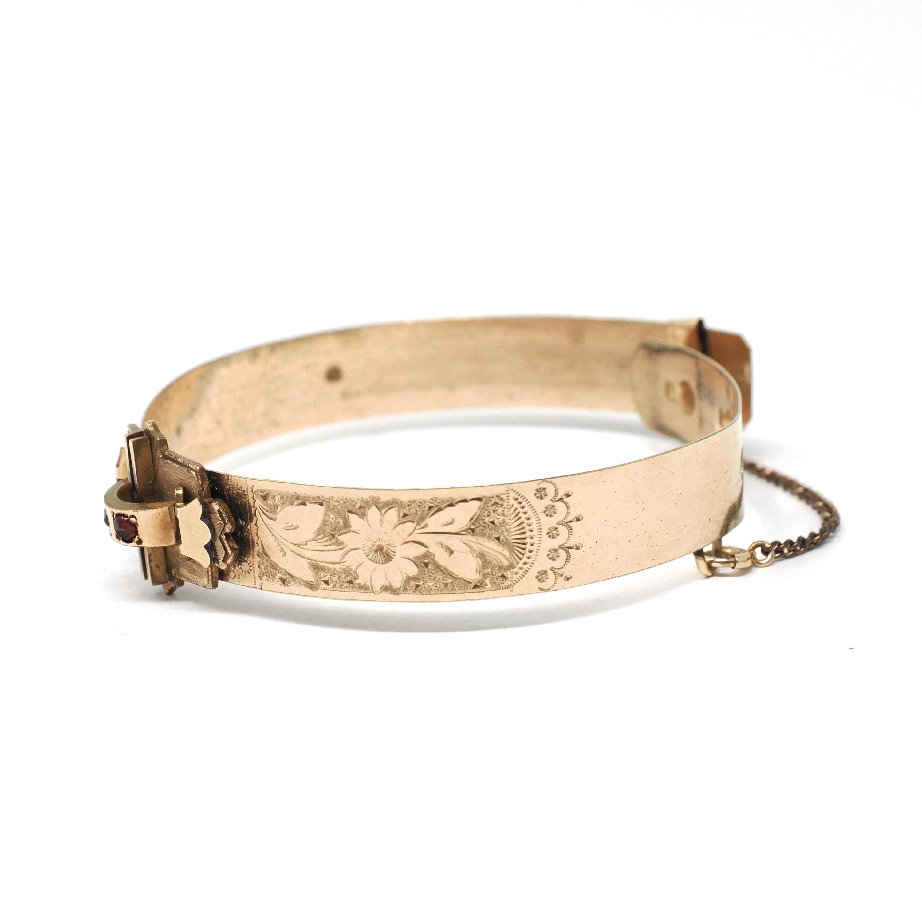 Victorian Era Bangle - Antique Gold Filled Simulated Garnet Red Glass Belt Buckle Style Bracelet - Circa 1900 Floral Children's Jewelry