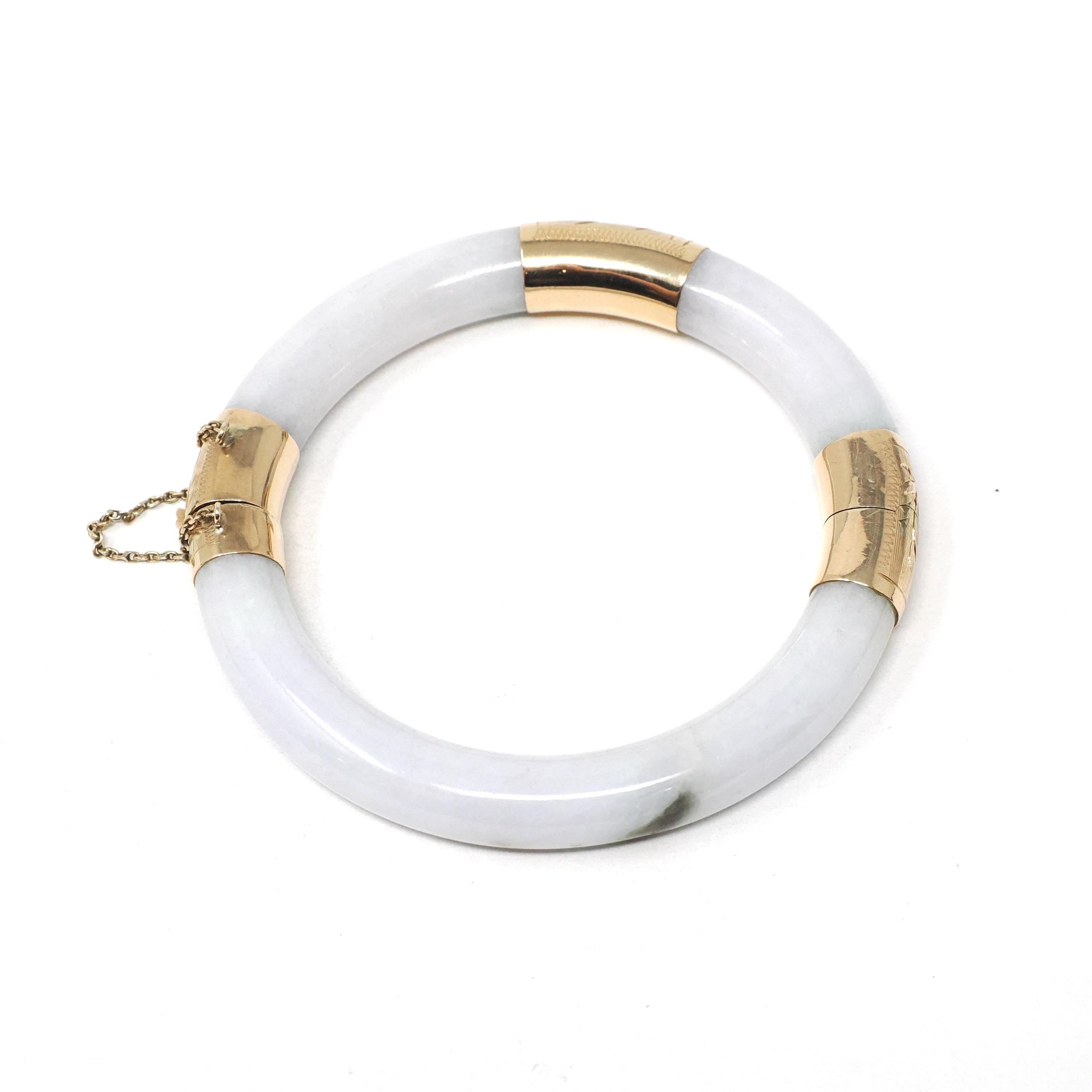 Retro Era Jade Bangle - Vintage 14k Yellow Gold Green Jadeite Hinged Cuff Bracelet - Circa 1960s Era Yuan Man Unity Fine Chinese Jewelry