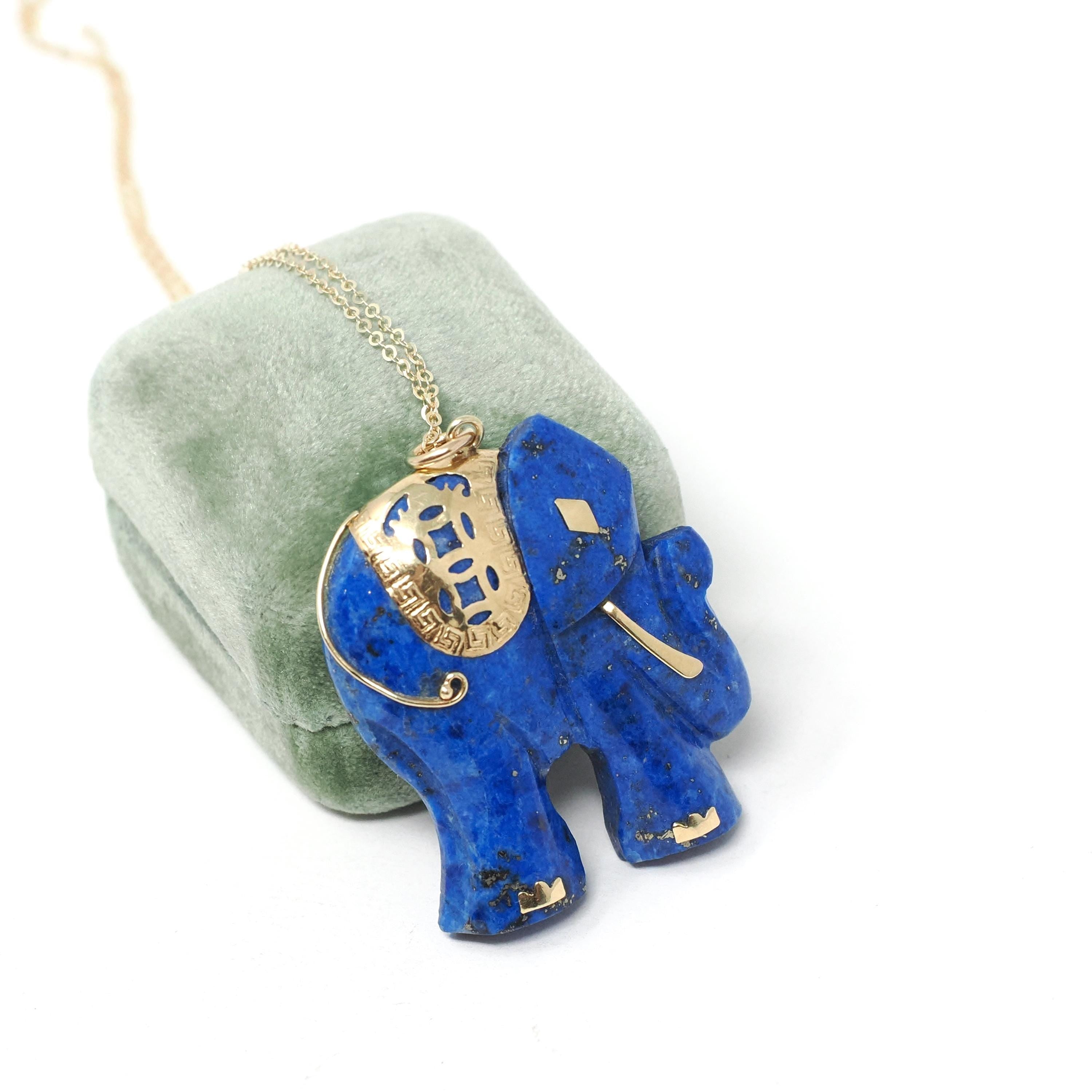 Vintage Elephant Pendant - Estate 14k Yellow Gold Carved Natural Blue Lapis Lazuli Gemstone Necklace - 1990's Era Cultural Statement Jewelry