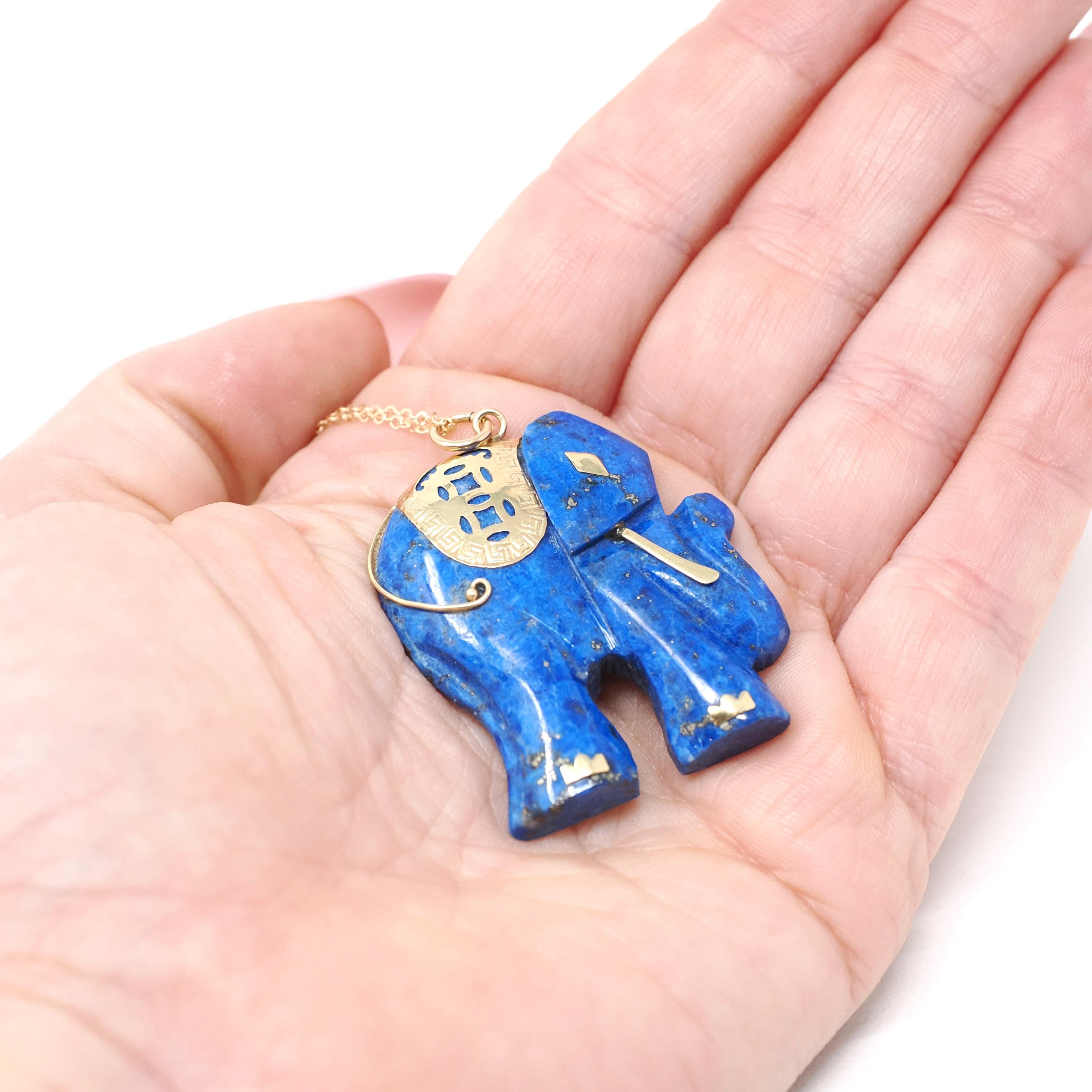 Vintage Elephant Pendant - Estate 14k Yellow Gold Carved Natural Blue Lapis Lazuli Gemstone Necklace - 1990's Era Cultural Statement Jewelry