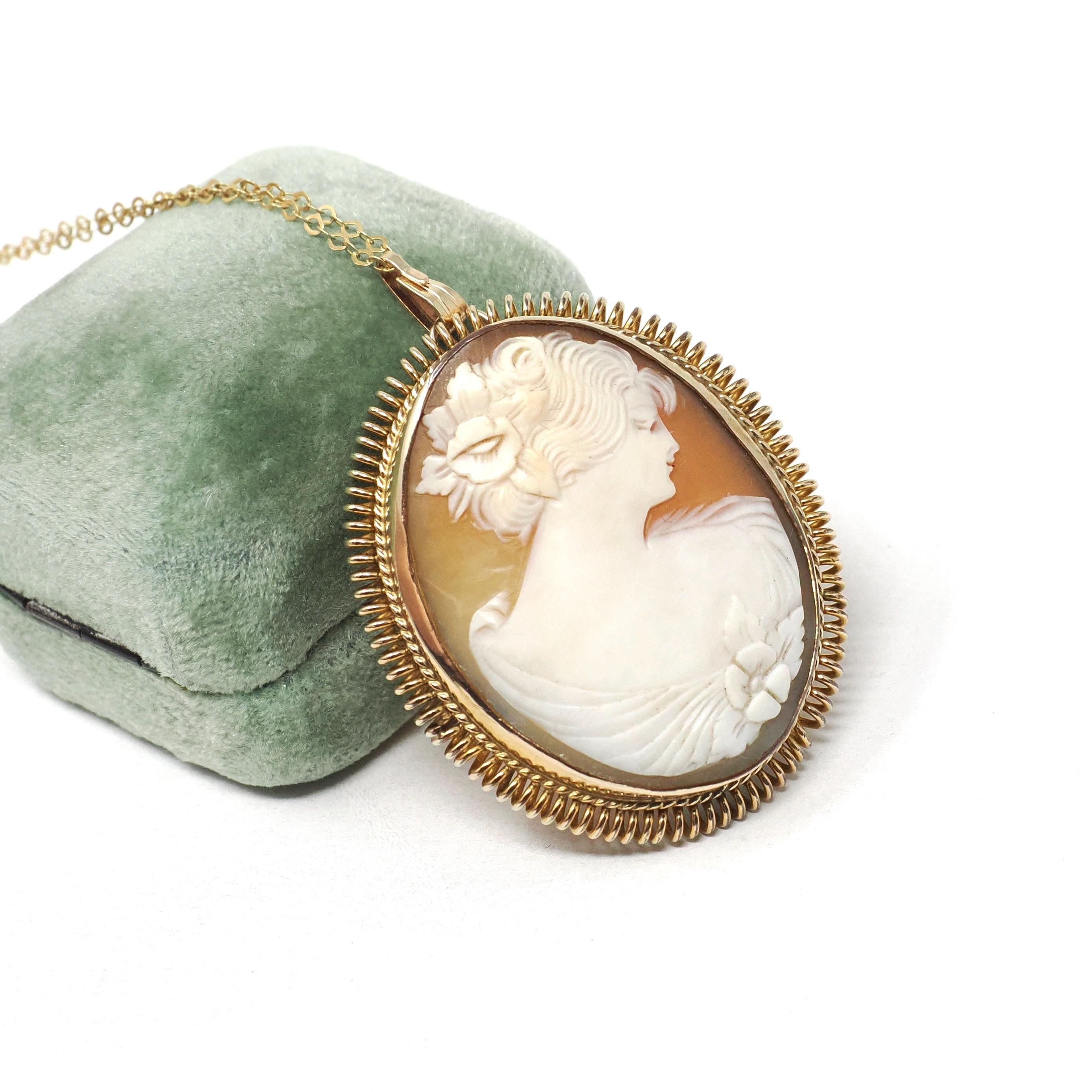 Vintage Cameo Pendant - Mid Century Gold Filled Carved Shell Oval Portrait Necklace Brooch Pin - Circa 1940s Era Fine Convertible Jewelry