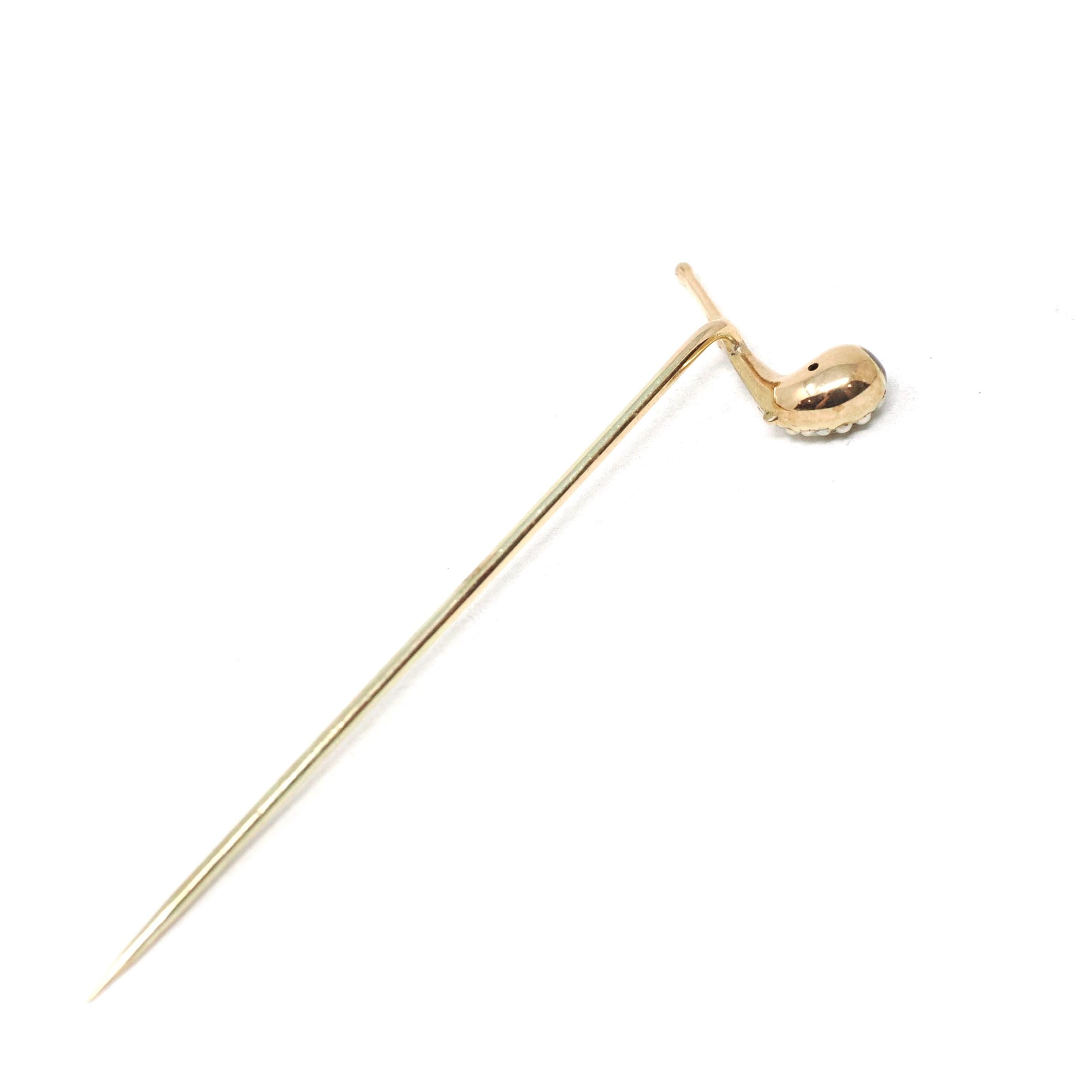 Antique Smoking Pipe Pin - Edwardian 14k Yellow Gold Red Enamel & Faux Pearls - Circa Early 1900s Era Mens Unisex Scarf Hat Tie Fine Jewelry