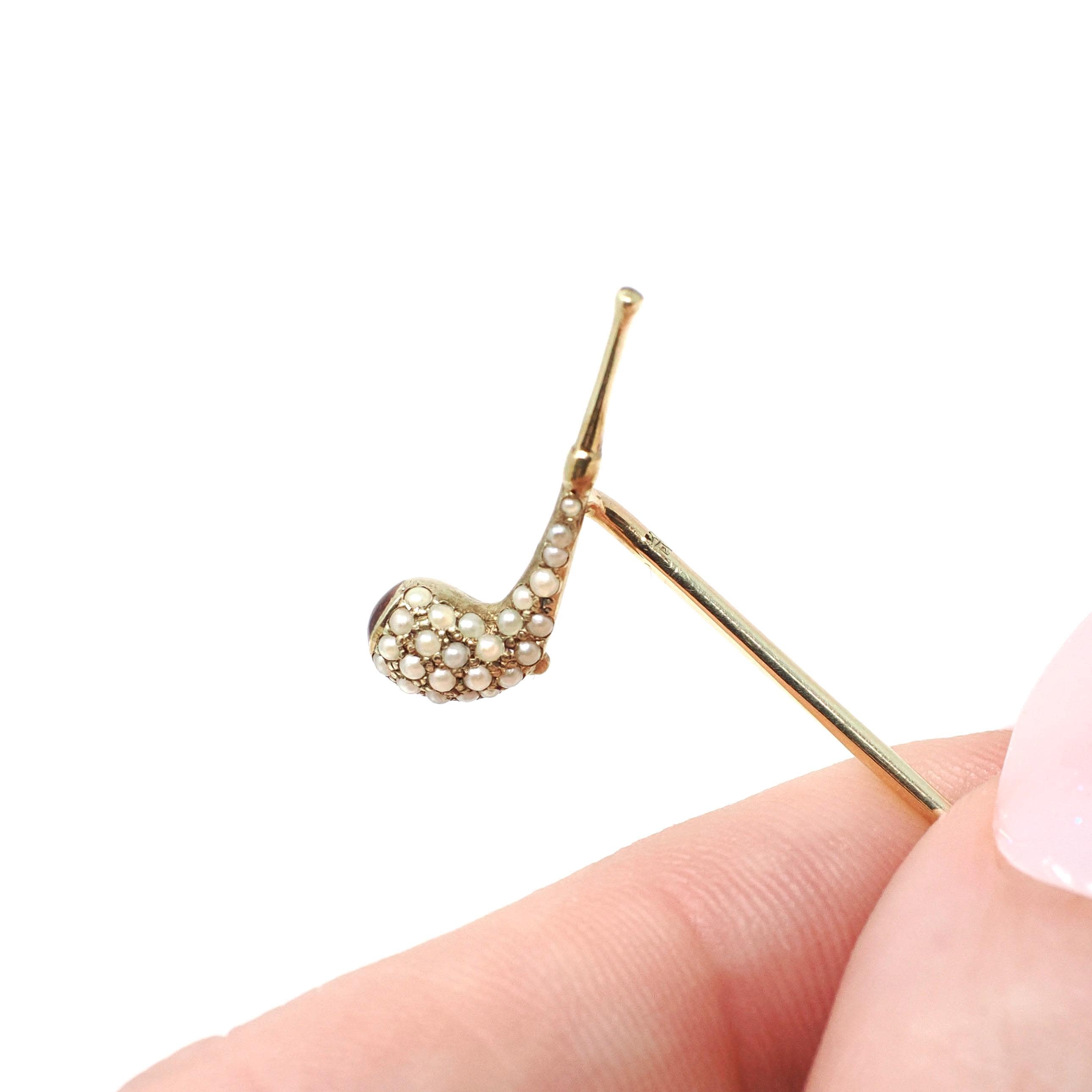 Antique Smoking Pipe Pin - Edwardian 14k Yellow Gold Red Enamel & Faux Pearls - Circa Early 1900s Era Mens Unisex Scarf Hat Tie Fine Jewelry