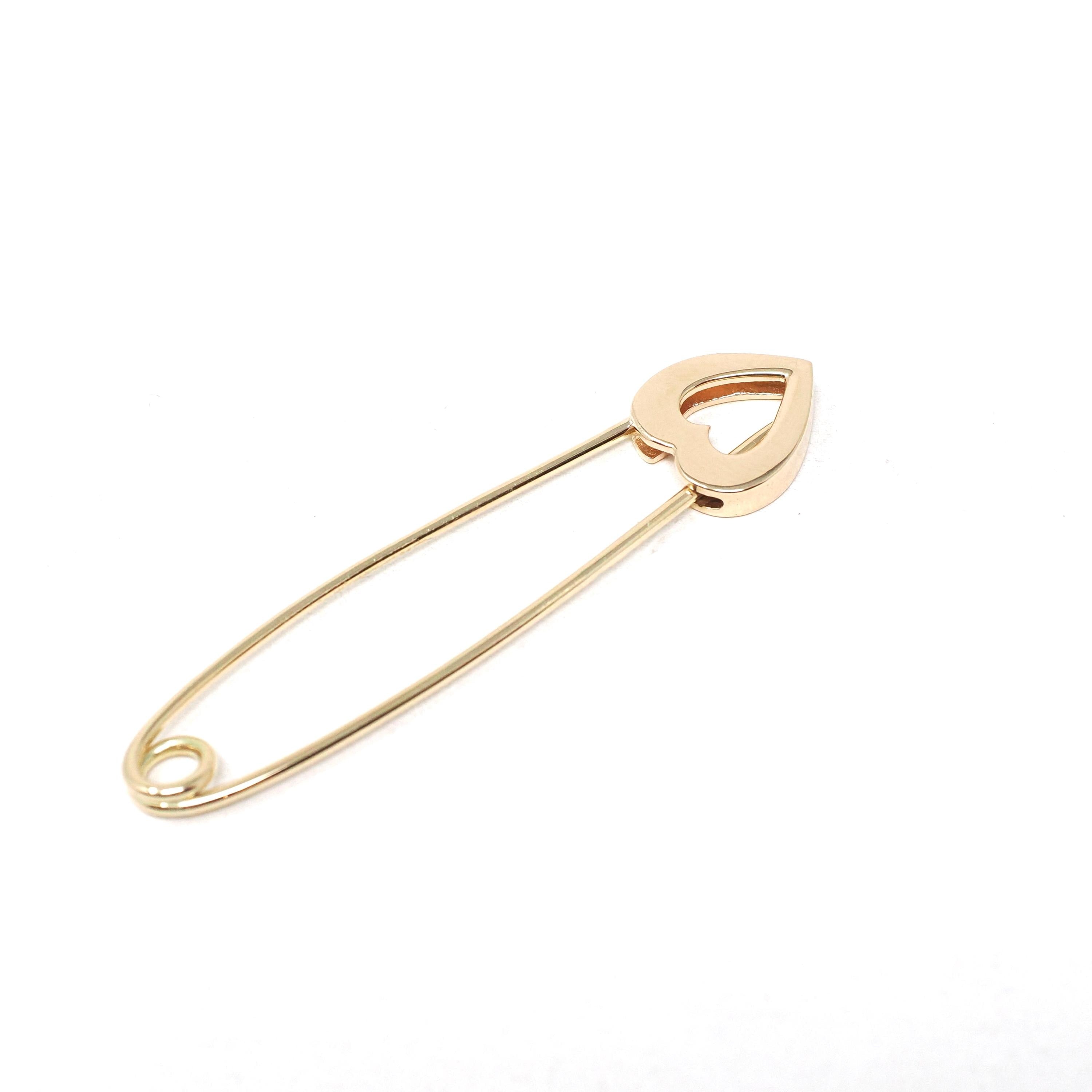Solid Gold Heart Safety Pin - Modern Era 14k Yellow Gold Guard Fastener Charm Holder - Estate 2000s Fashion Accessory Fine Keepsake Brooch