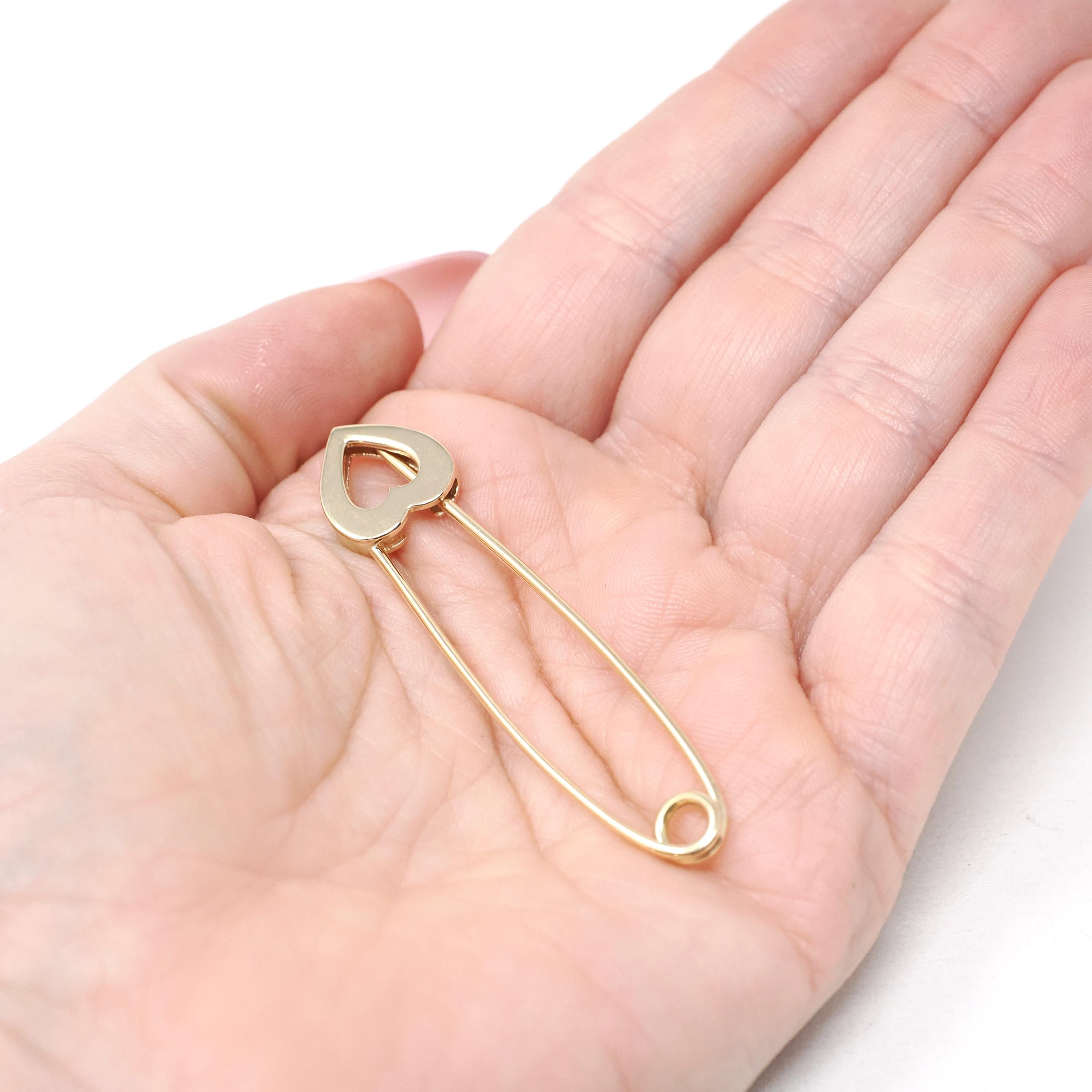 Solid Gold Heart Safety Pin - Modern Era 14k Yellow Gold Guard Fastener Charm Holder - Estate 2000s Fashion Accessory Fine Keepsake Brooch