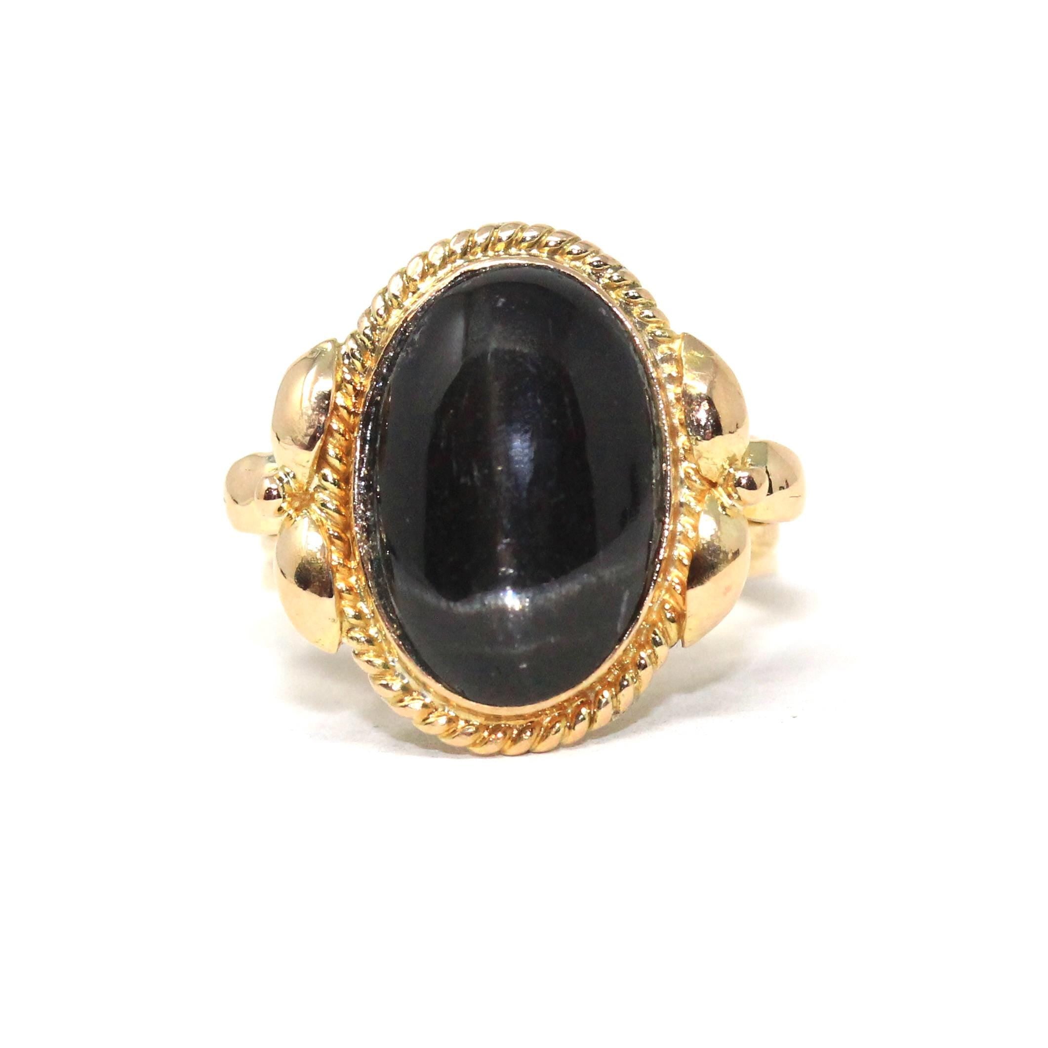 Vintage Star Diopside Ring - Retro 14k Yellow Gold Natural Four Rayed Gemstone - Circa 1960s Era Size 2 1/4 Solitaire Pinky Fine Jewelry