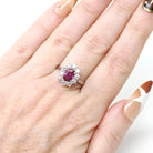 Pink Sapphire Halo Ring - Estate 14k White Gold Diamond Cluster Engagement - Circa 1990s Era Size 7 July Birthstone Anniversary Fine Jewelry