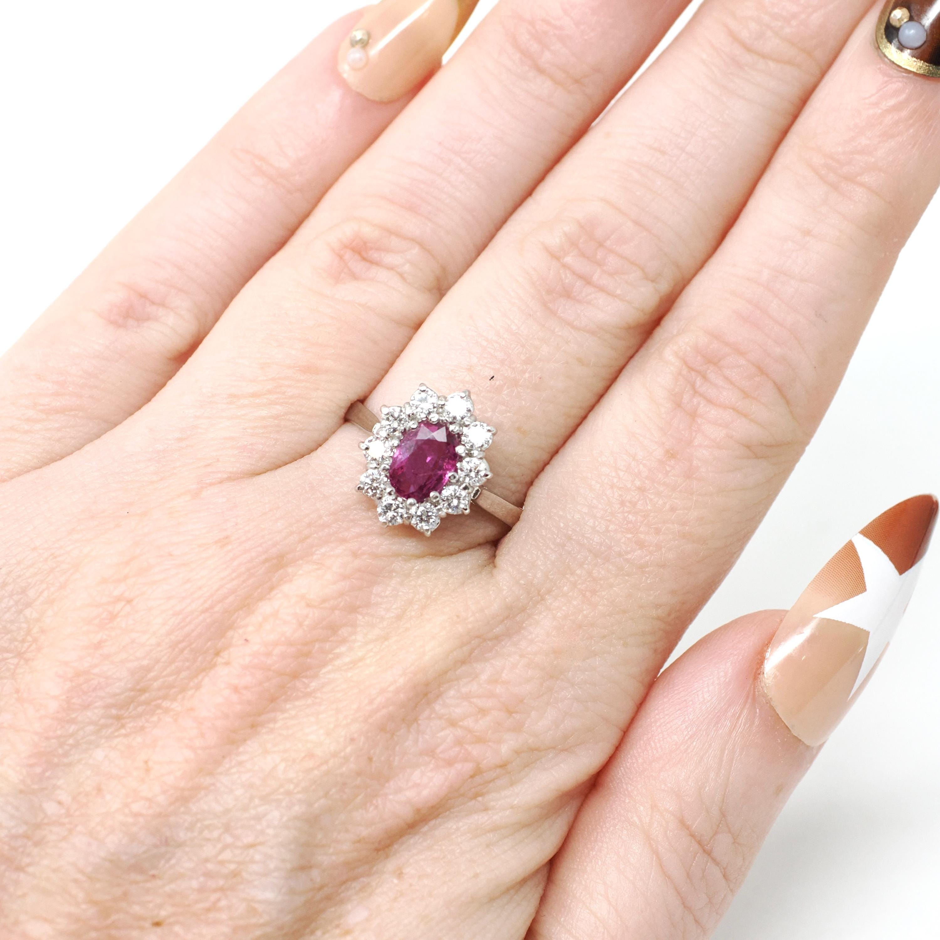 Pink Sapphire Halo Ring - Estate 14k White Gold Diamond Cluster Engagement - Circa 1990s Era Size 7 July Birthstone Anniversary Fine Jewelry