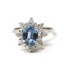 Sapphire & Diamond Ring - Estate 14k White Gold Oval Blue Corundum Gem .45 CTW Ballerina Halo - Modern Era Size 5.5 Engagement Fine Jewelry