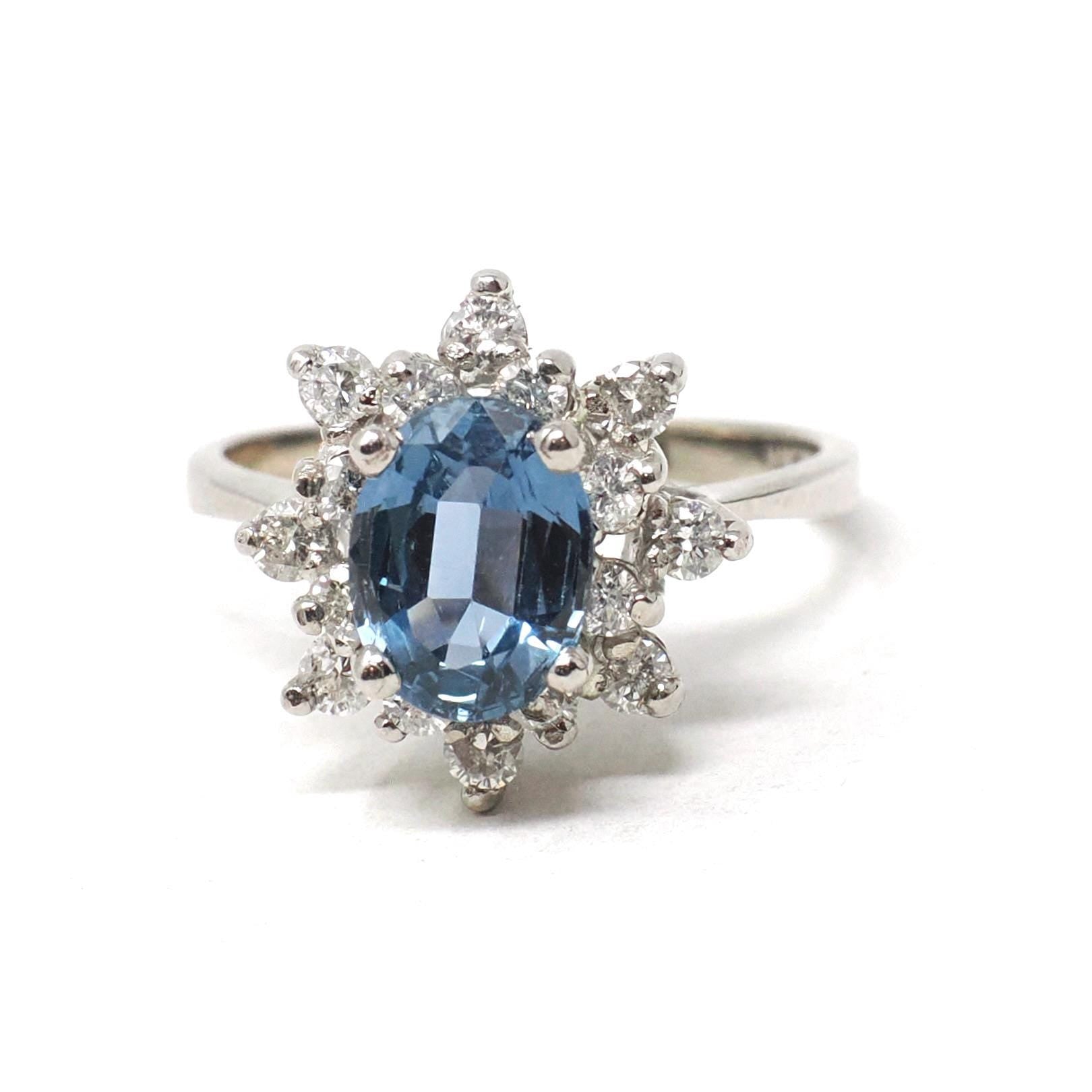 Sapphire & Diamond Ring - Estate 14k White Gold Oval Blue Corundum Gem .45 CTW Ballerina Halo - Modern Era Size 5.5 Engagement Fine Jewelry