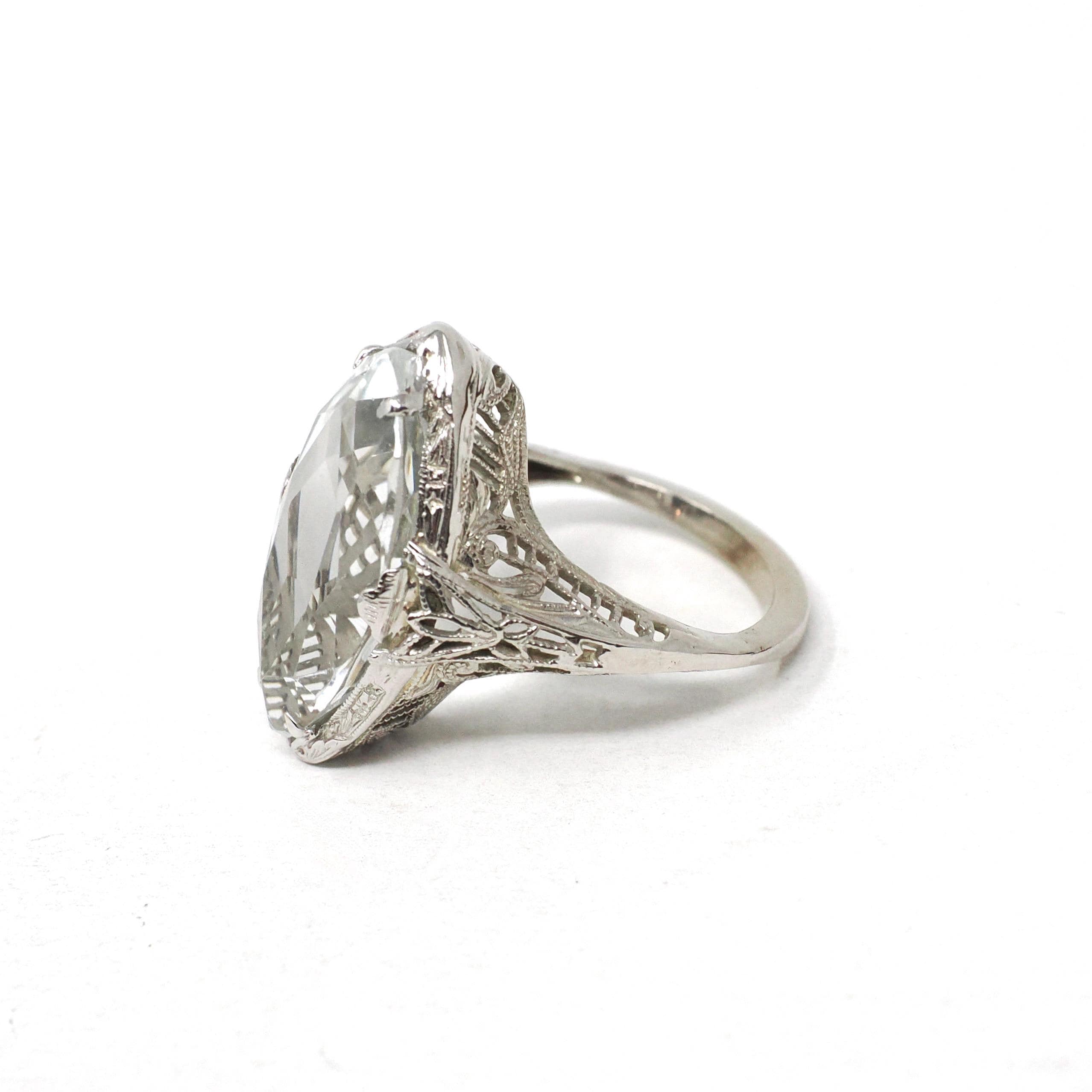 Vintage Aquamarine Ring - Art Deco 14k White Gold Blue Marquise Gemstone - Circa 1930s Era Size 4 Filigree March Birthstone Fine Jewelry