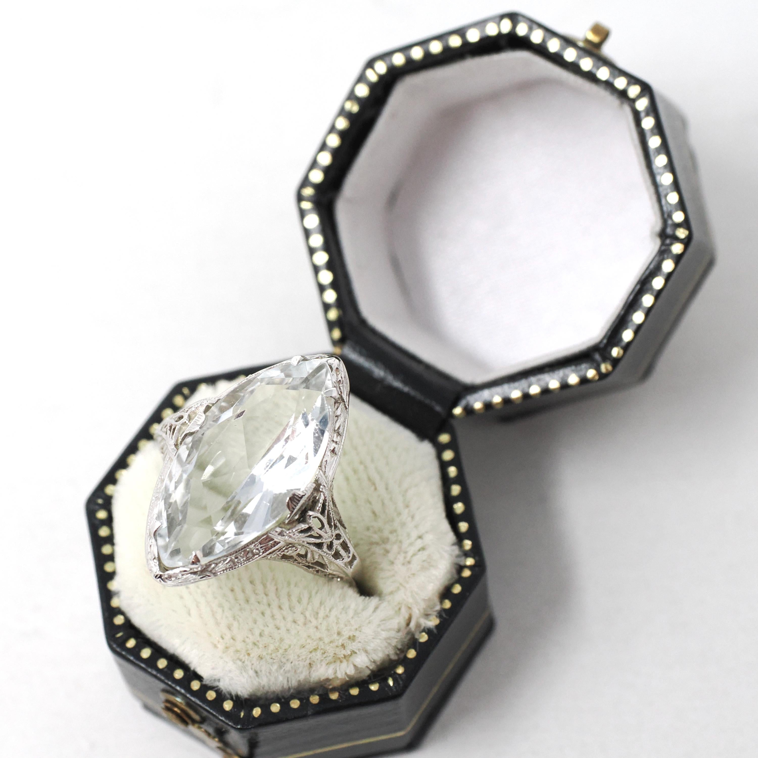 Vintage Aquamarine Ring - Art Deco 14k White Gold Blue Marquise Gemstone - Circa 1930s Era Size 4 Filigree March Birthstone Fine Jewelry