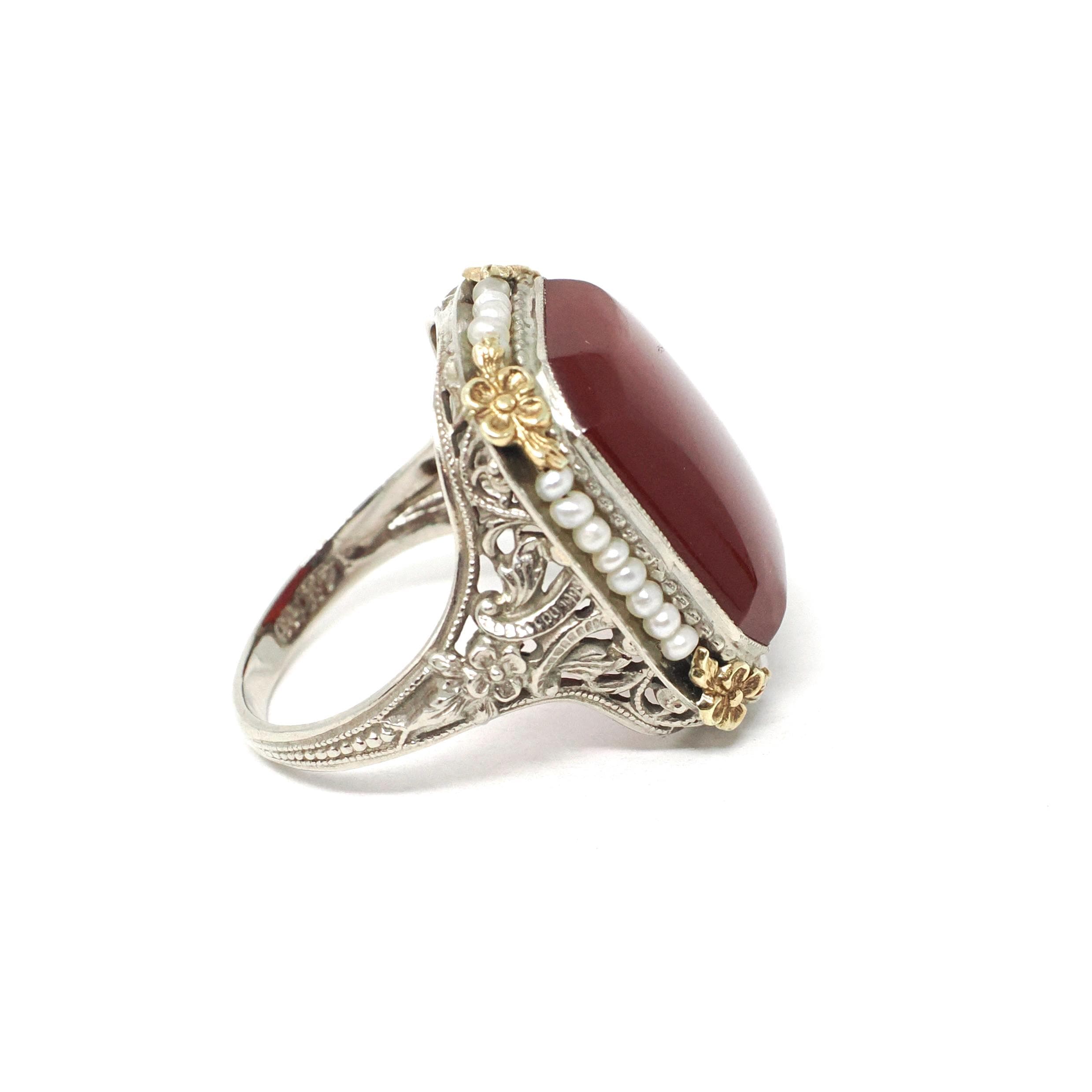 Art Deco Ring - Vintage 14k White Gold Natural Red Carnelian & Seed Pearl Halo - Circa 1930s Size 5 Two Tone Floral Filigree Fine Jewelry