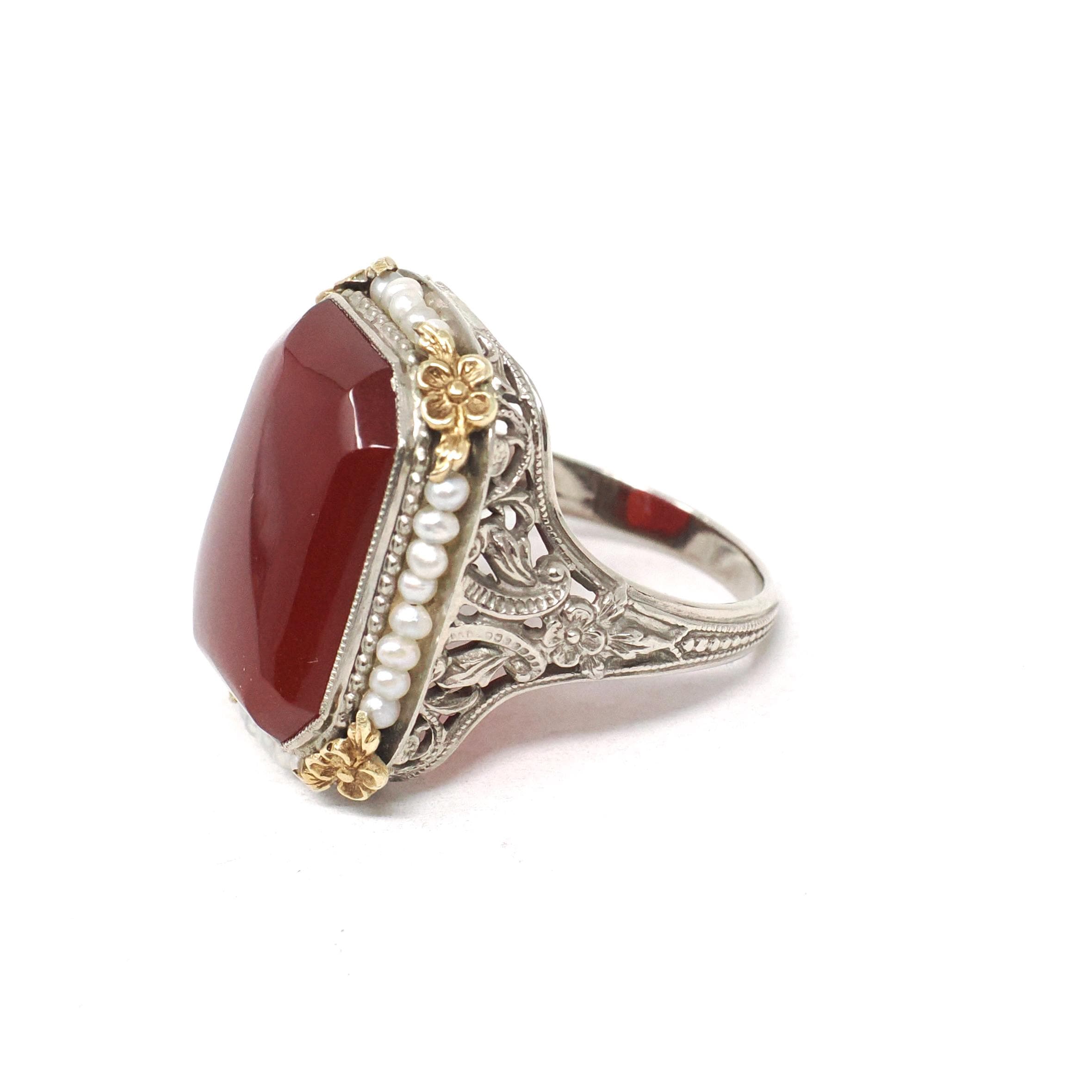 Art Deco Ring - Vintage 14k White Gold Natural Red Carnelian & Seed Pearl Halo - Circa 1930s Size 5 Two Tone Floral Filigree Fine Jewelry