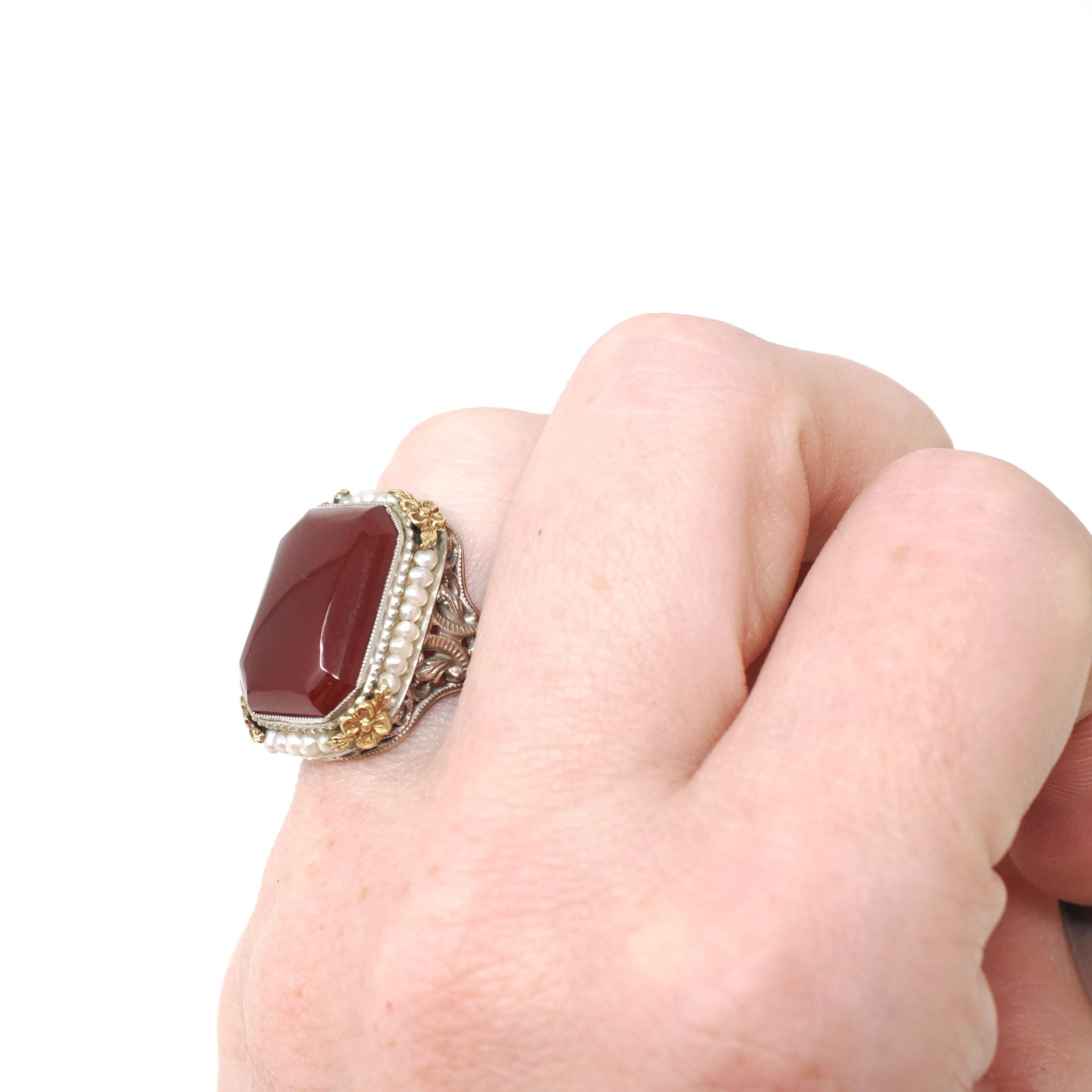 Art Deco Ring - Vintage 14k White Gold Natural Red Carnelian & Seed Pearl Halo - Circa 1930s Size 5 Two Tone Floral Filigree Fine Jewelry