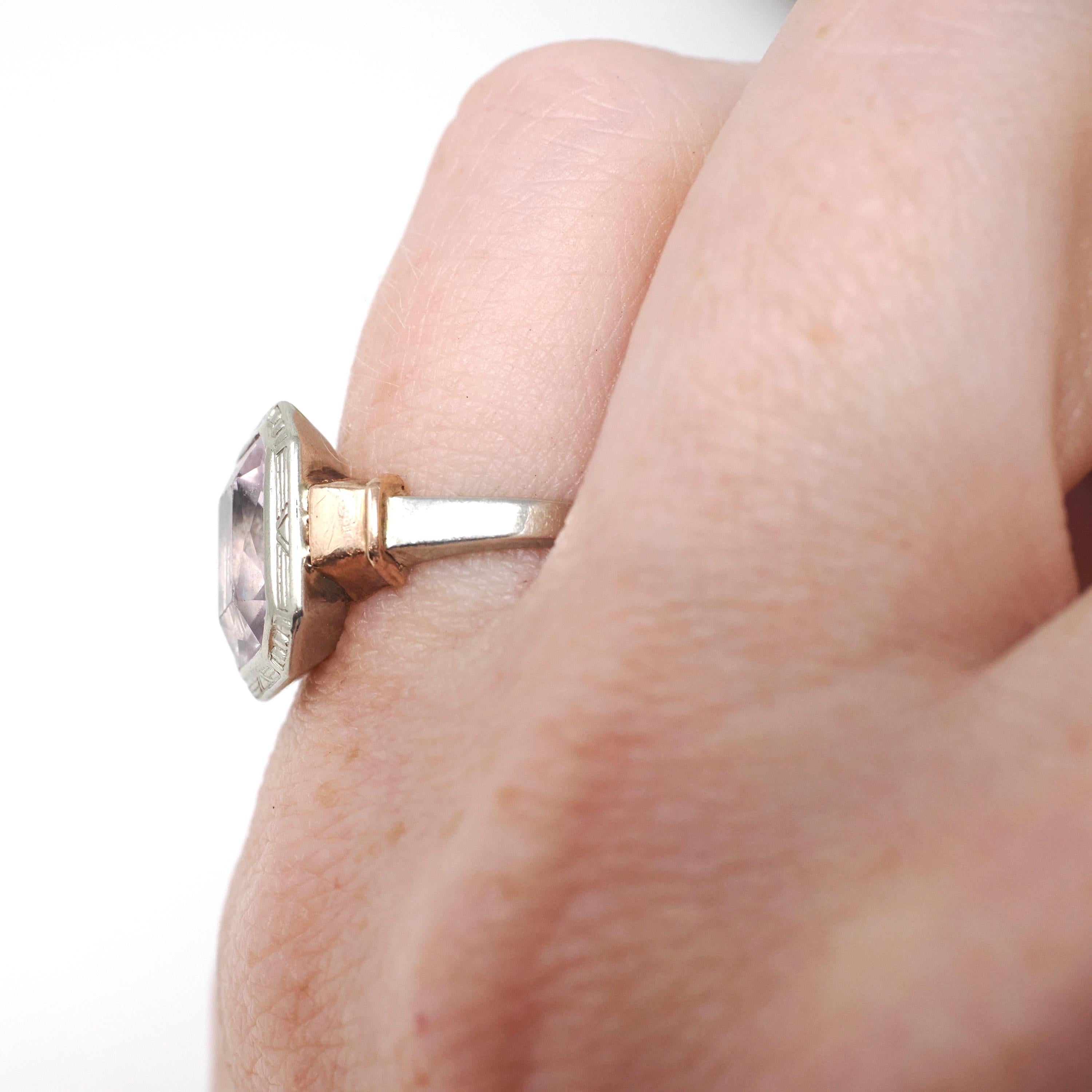 Created Spinel Ring - Vintage 10k White & Rose Gold Pink Faceted Gemstone - Art Deco Circa 1930s Size 5 1/4 Two Tone Fine Statement Jewelry