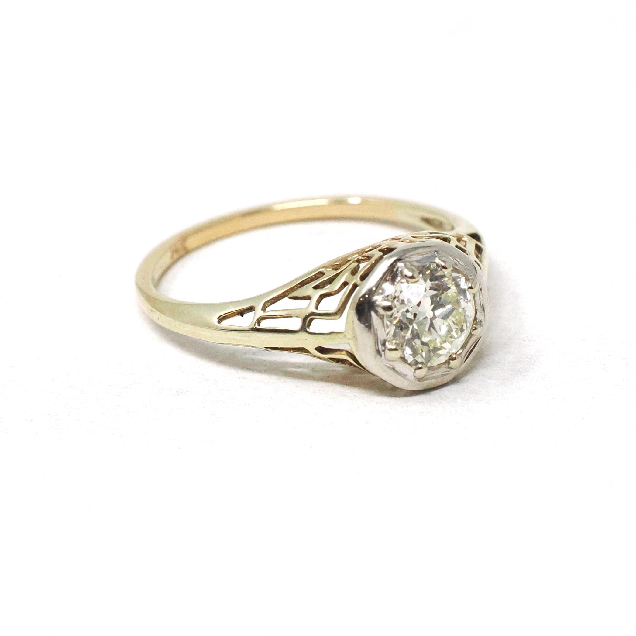Art Deco Engagement Ring - Vintage 14k Yellow & White Gold Filigree 0.67 CT Old European Diamond - Circa 1930s Era Size 6 1/2 Fine Jewelry