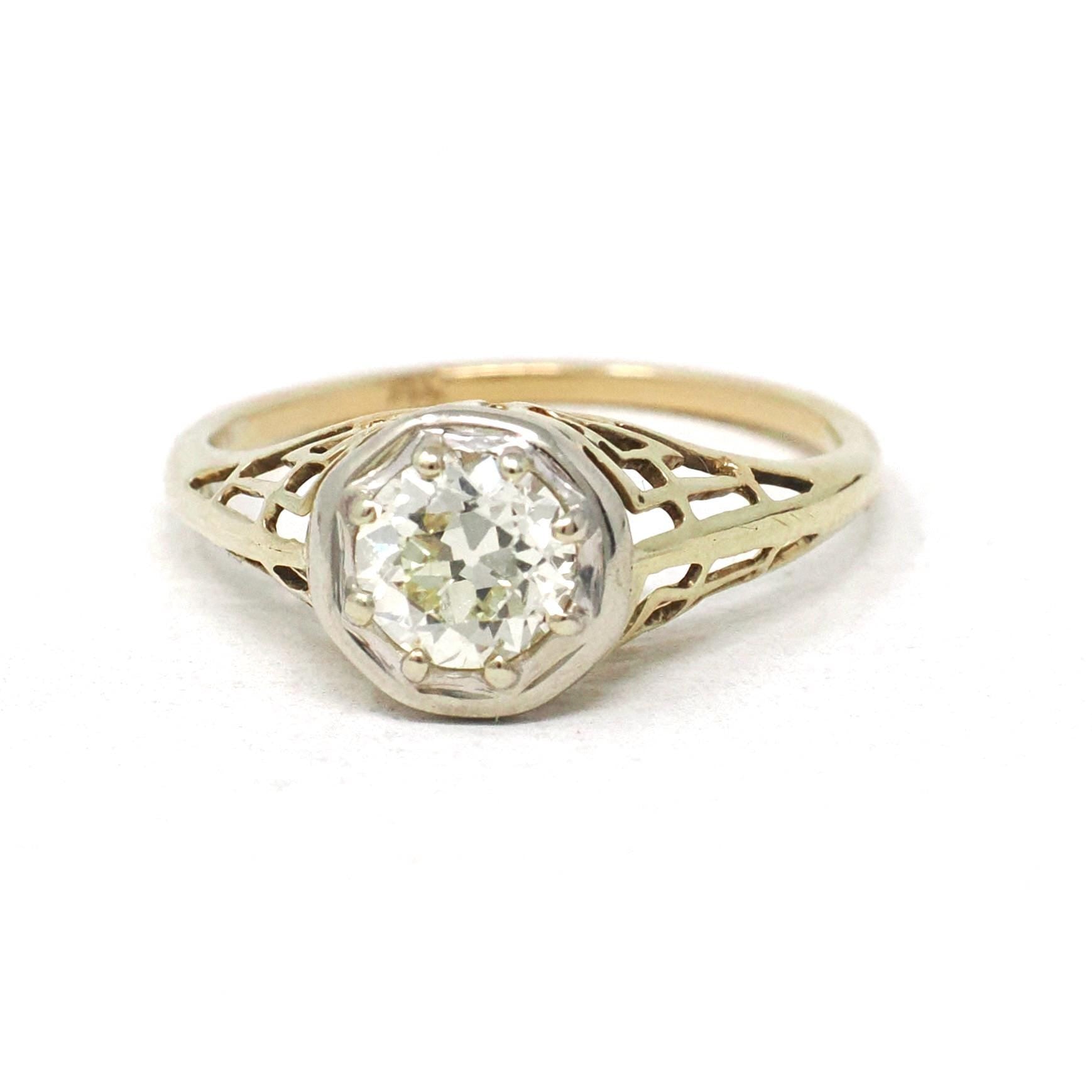 Art Deco Engagement Ring - Vintage 14k Yellow & White Gold Filigree 0.67 CT Old European Diamond - Circa 1930s Era Size 6 1/2 Fine Jewelry