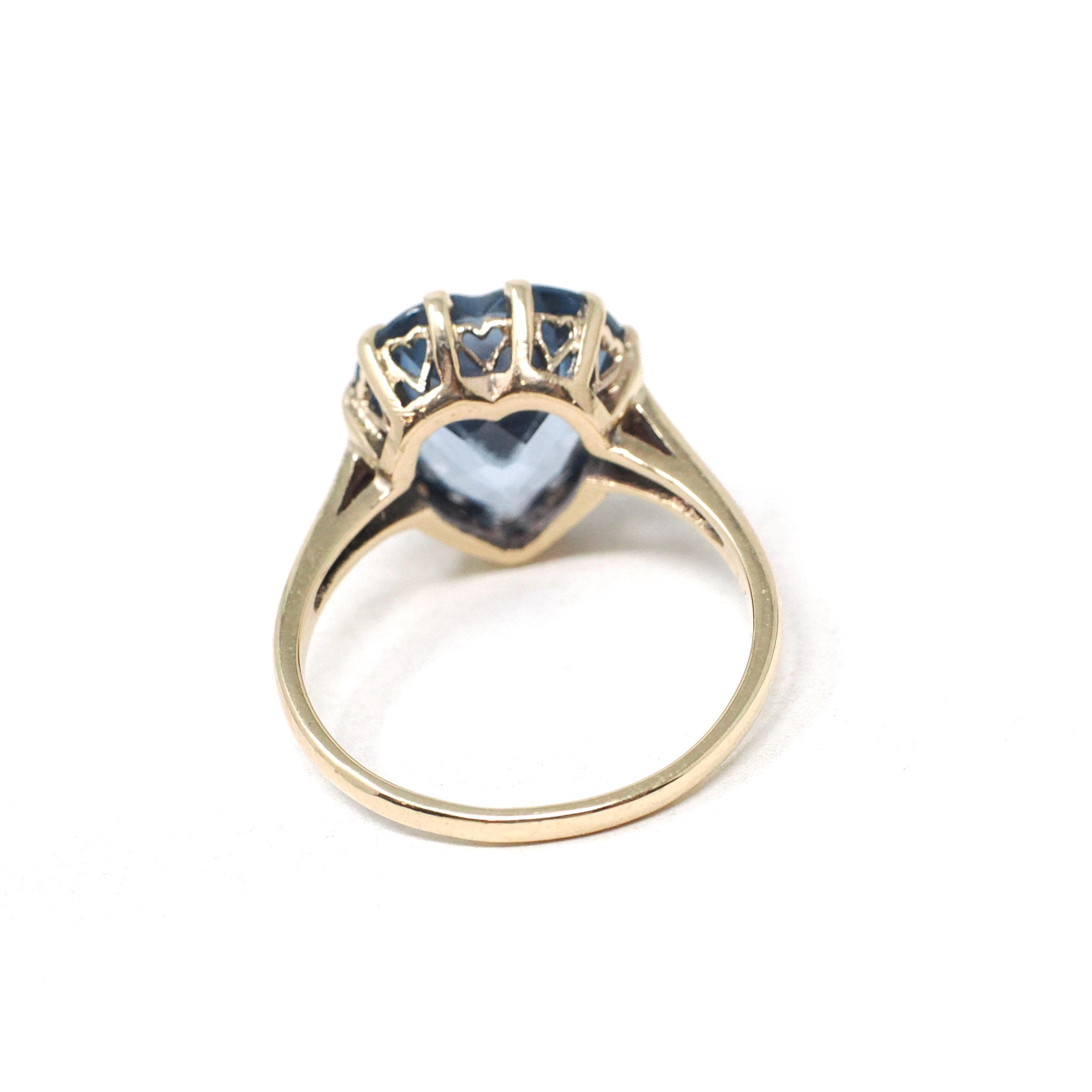 Vintage Heart Ring - Mid Century 10k Yellow Gold Created Blue Spinel Gemstone - Circa 1940s Era Size 6 1/2 Statement Love Fine Jewelry