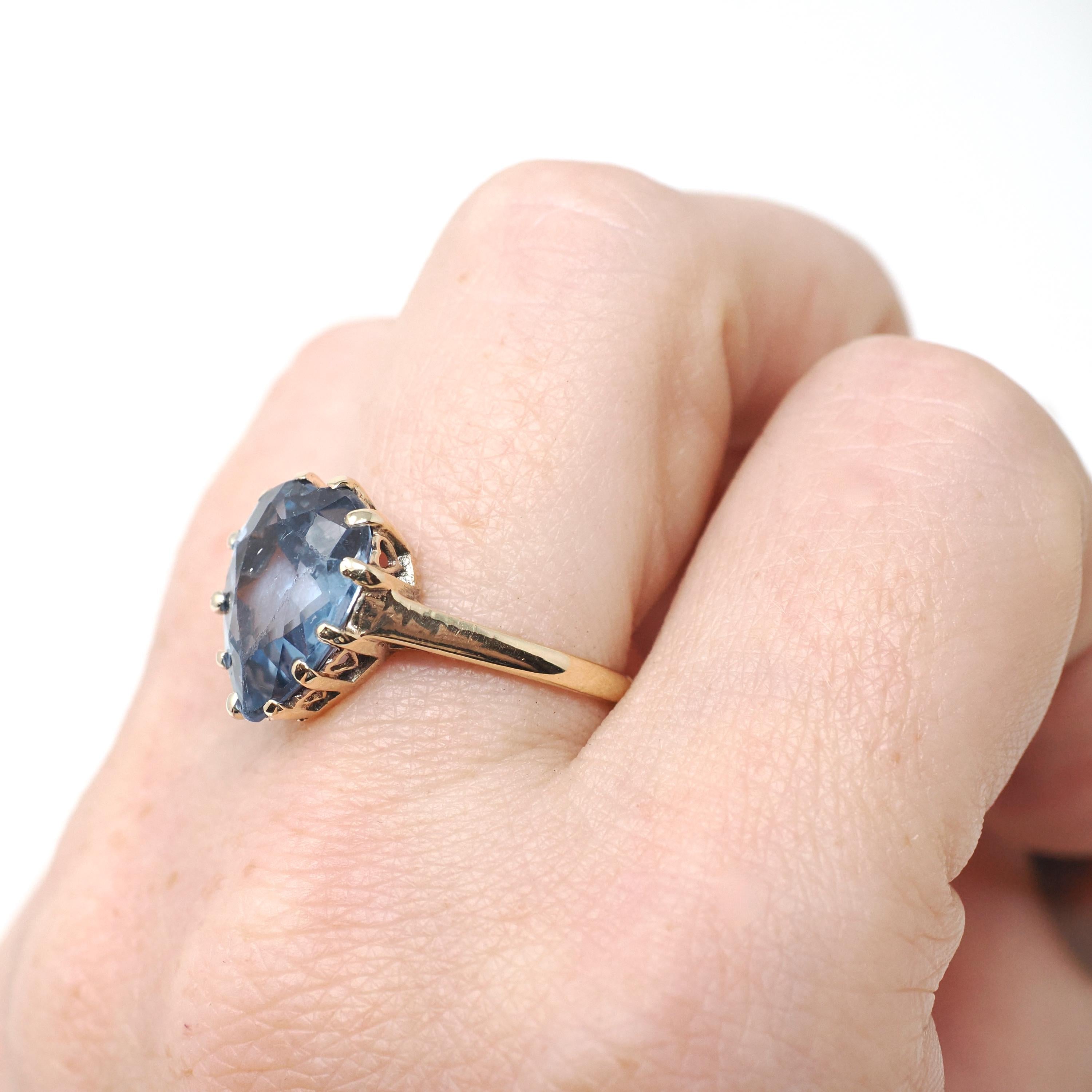 Vintage Heart Ring - Mid Century 10k Yellow Gold Created Blue Spinel Gemstone - Circa 1940s Era Size 6 1/2 Statement Love Fine Jewelry