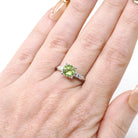 Vintage Peridot Ring - Mid Century 14k White Gold Natural Green Gemstone - Circa 1950s Era Size 8 Illusion Solitaire Engagement Fine Jewelry
