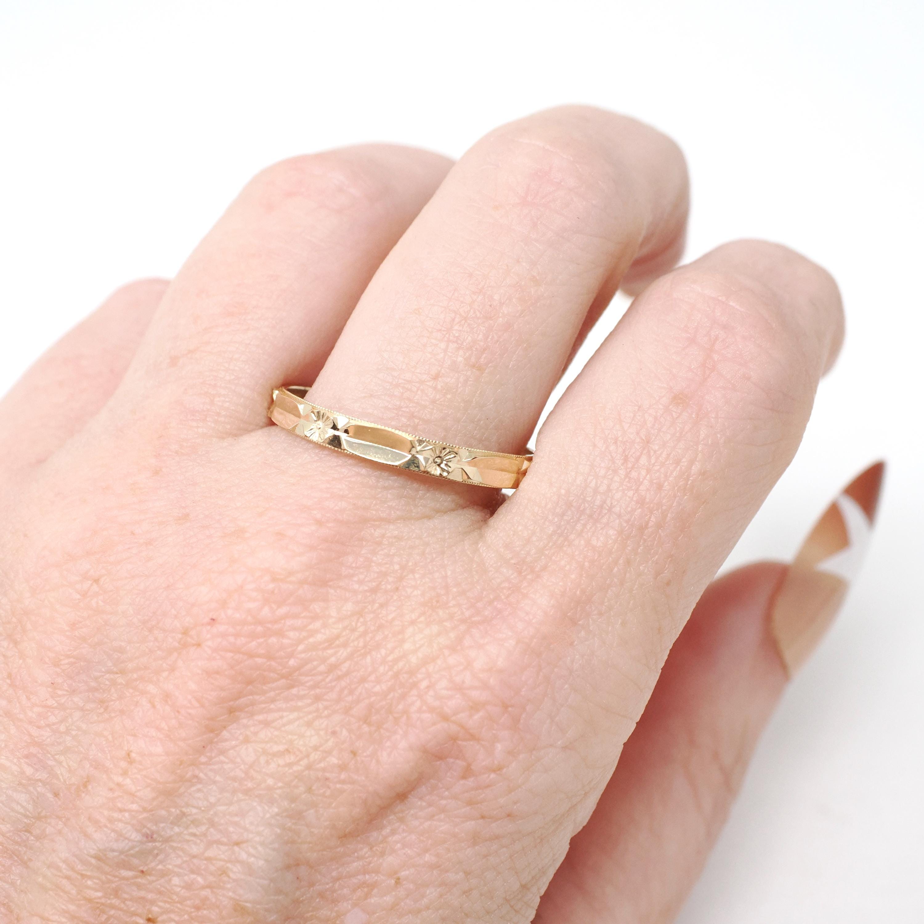 Eternity Flower Band - Estate 14k Yellow Gold Floral Stacking Wedding Ring - Modern Era Size 12 Nature Inspired Dainty Bridal Fine Jewelry