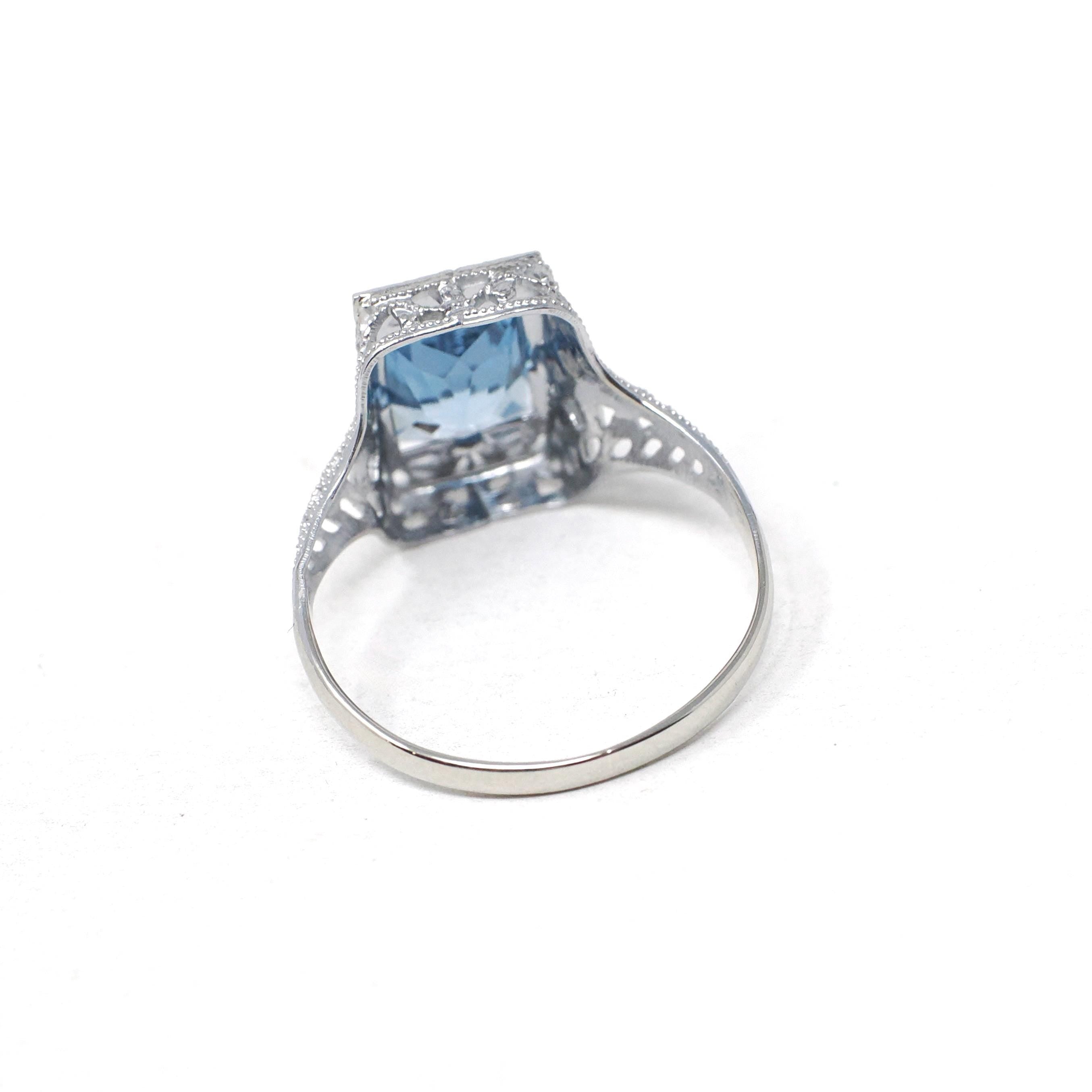 Art Deco Filigree Ring - Vintage 14k White Gold French Cut Created Blue Spinel Solitaire - Circa 1930s Size 6 Fine August Birthstone Jewelry