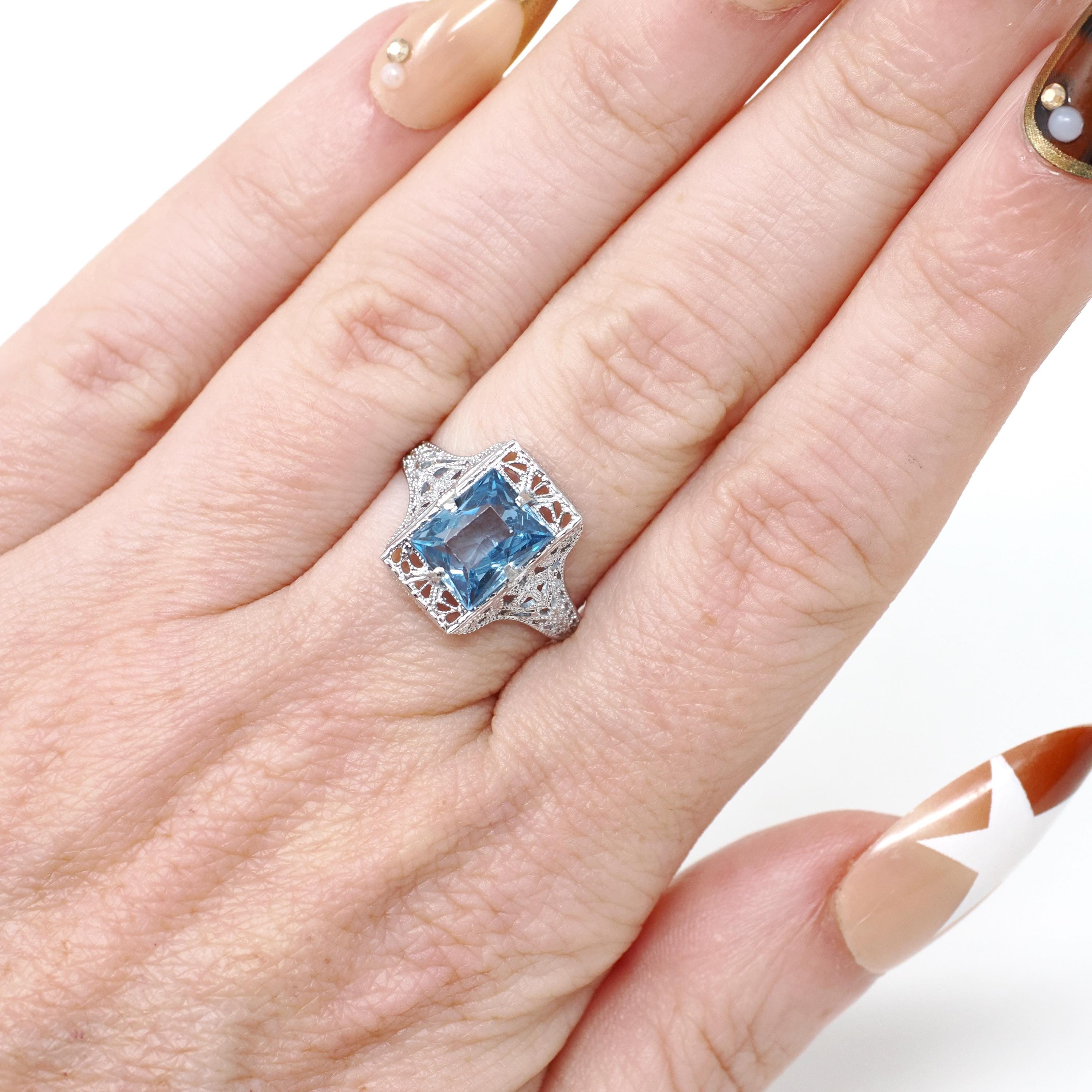 Art Deco Filigree Ring - Vintage 14k White Gold French Cut Created Blue Spinel Solitaire - Circa 1930s Size 6 Fine August Birthstone Jewelry