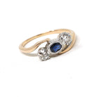 Edwardian Engagement Ring - Antique 14k Rosy Yellow Gold & Platinum Sapphire Diamond Bypass - Circa 1910s Era Size 7 Fine Statement Jewelry