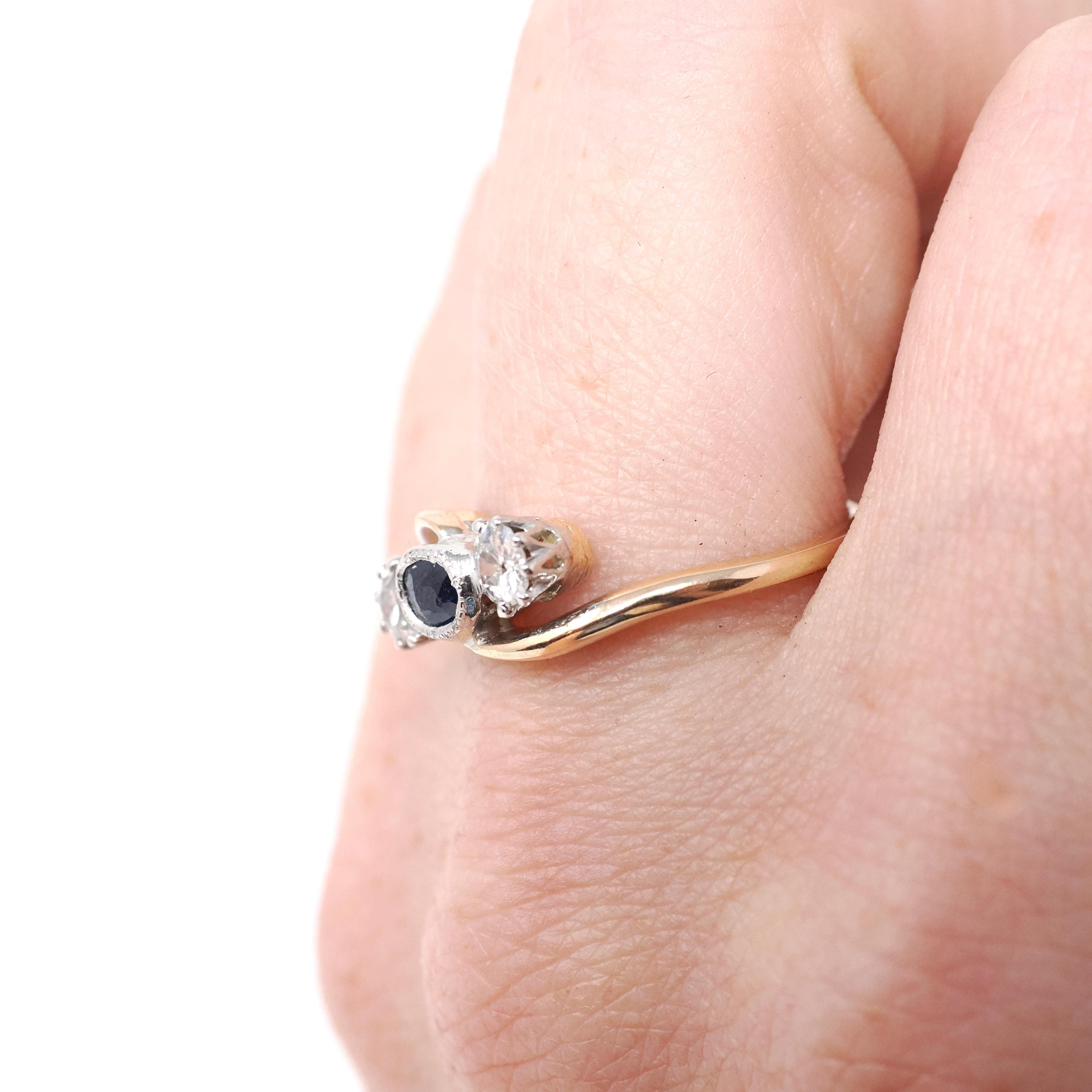 Edwardian Engagement Ring - Antique 14k Rosy Yellow Gold & Platinum Sapphire Diamond Bypass - Circa 1910s Era Size 7 Fine Statement Jewelry