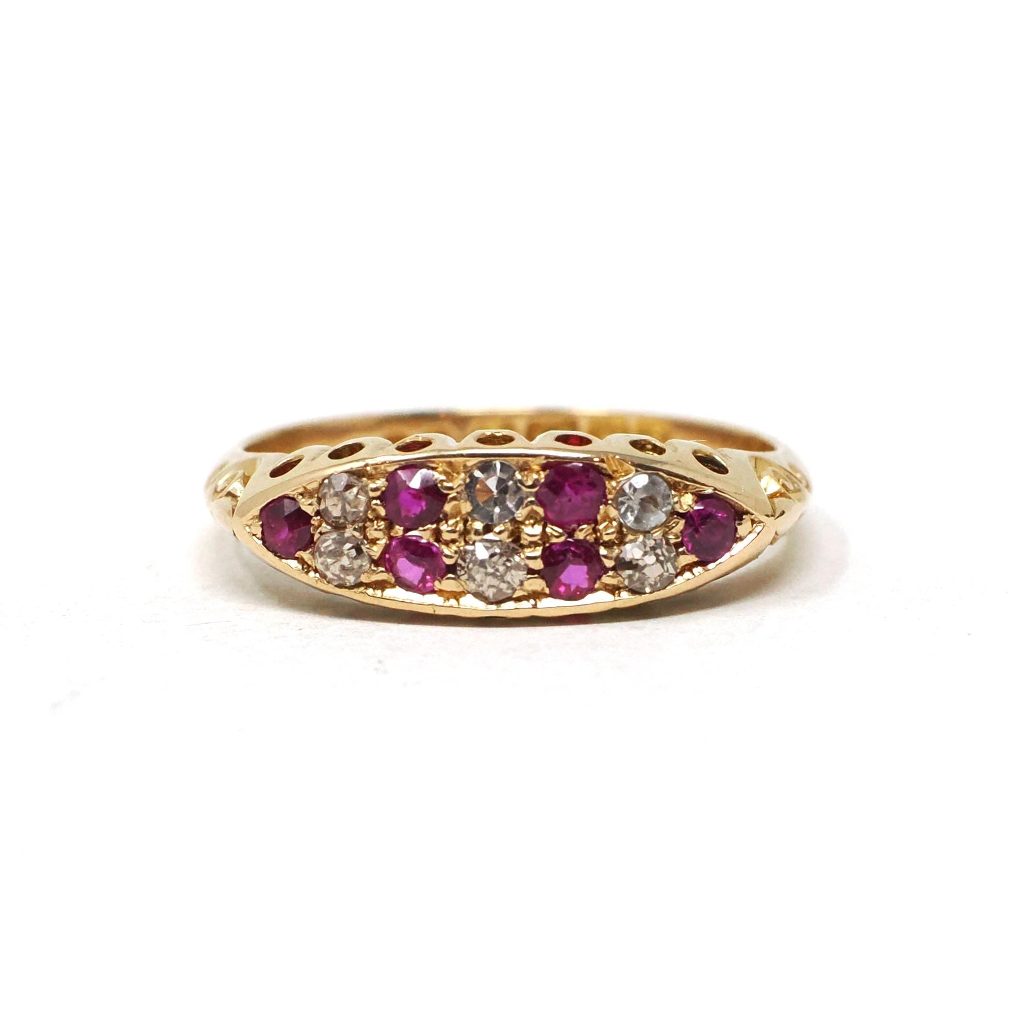 Antique Gemstone Ring - Edwardian 18k Yellow Gold Created Rubies & Diamond Band - Hallmarked 1910 Size 6 1/2 Fine English Statement Jewelry
