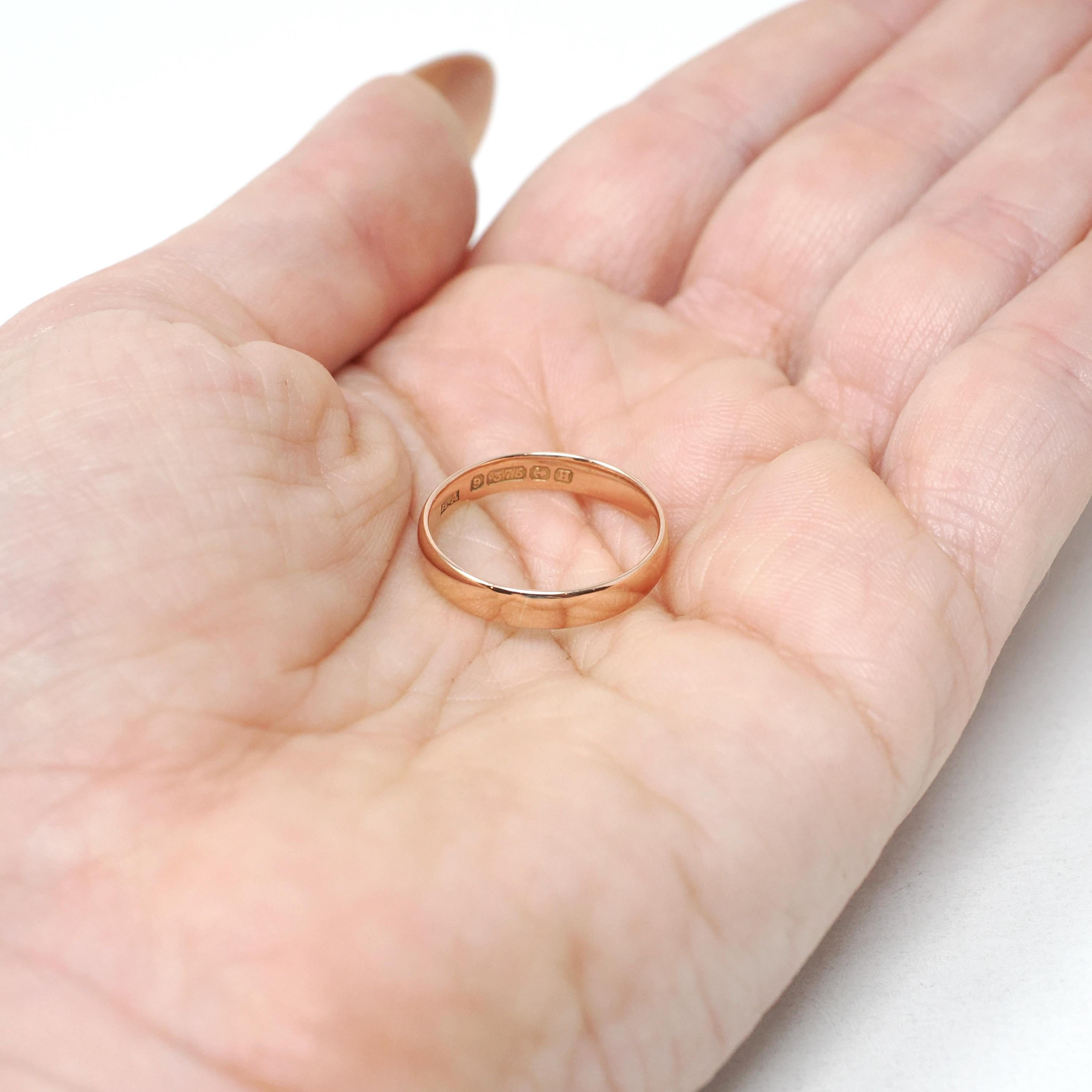 Vintage Wedding Band - Art Deco Era 9k Rose Gold 3.55mm Unadorned Ring - Hallmarked 1932 Birmingham Size 6 Bridal Fine Stacking Jewelry