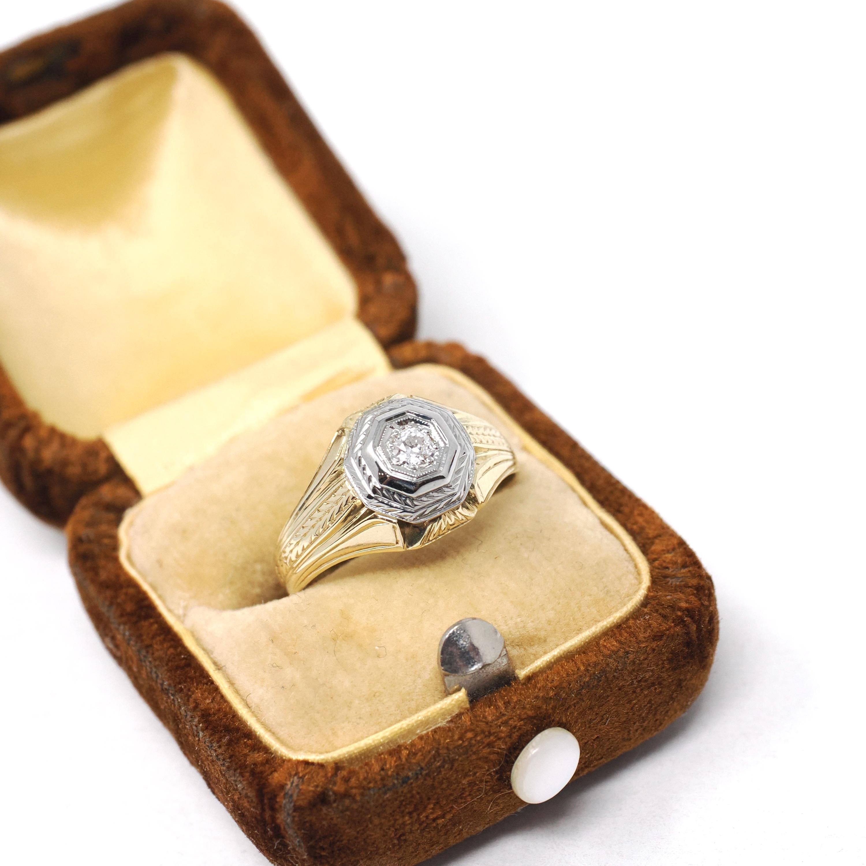 Vintage Diamond Ring - Art Deco 14k Yellow & White Gold Hexagonal .12 CT Solitaire - Circa 1930s Era Size 7 3/4 Two Tone Wheat Fine Jewelry