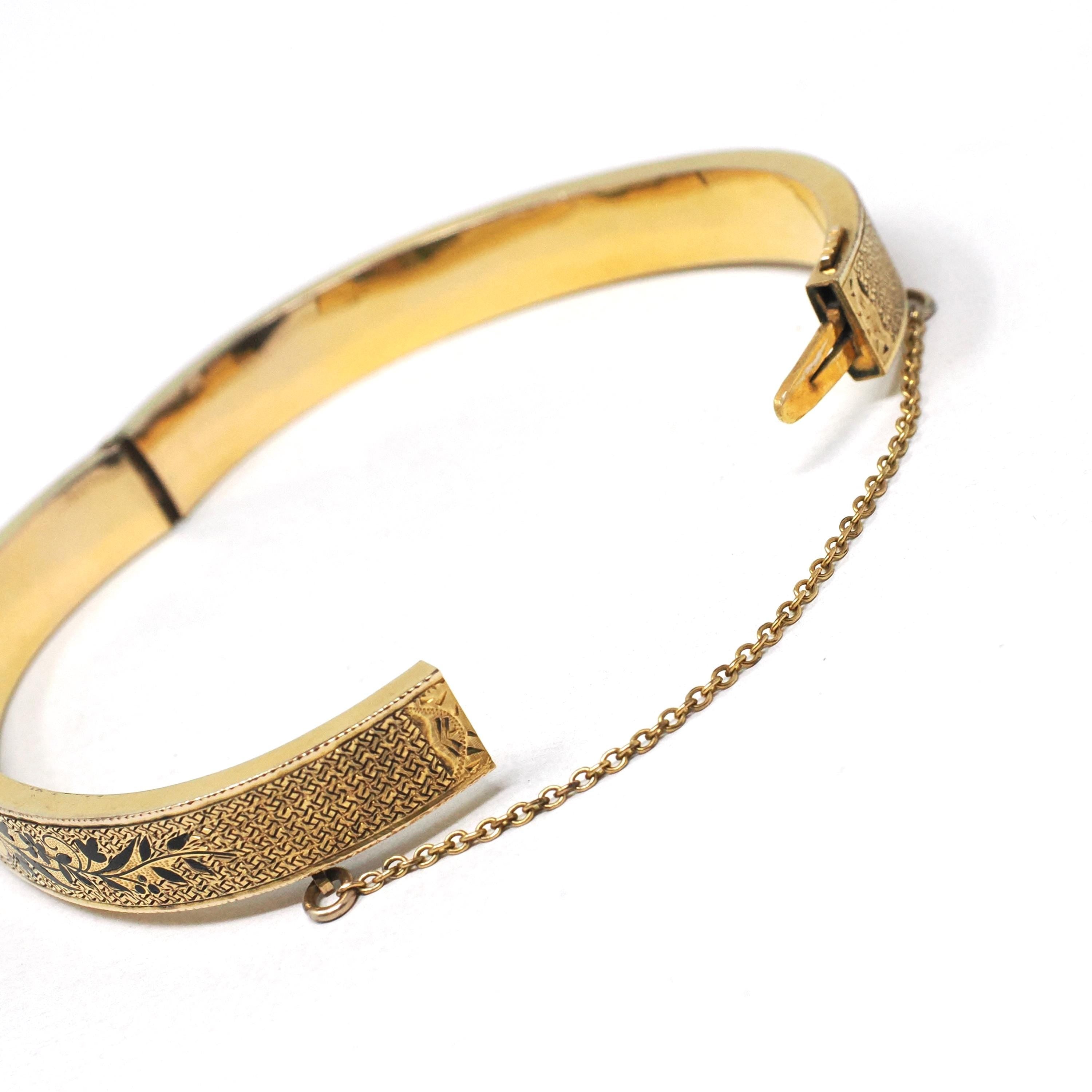 Antique Enamel Bracelet - Victorian 10k Yellow Gold Black Taille D'epargnē Hinged Bangle - Vintage Circa 1880s Hinged Statement Fine Jewelry