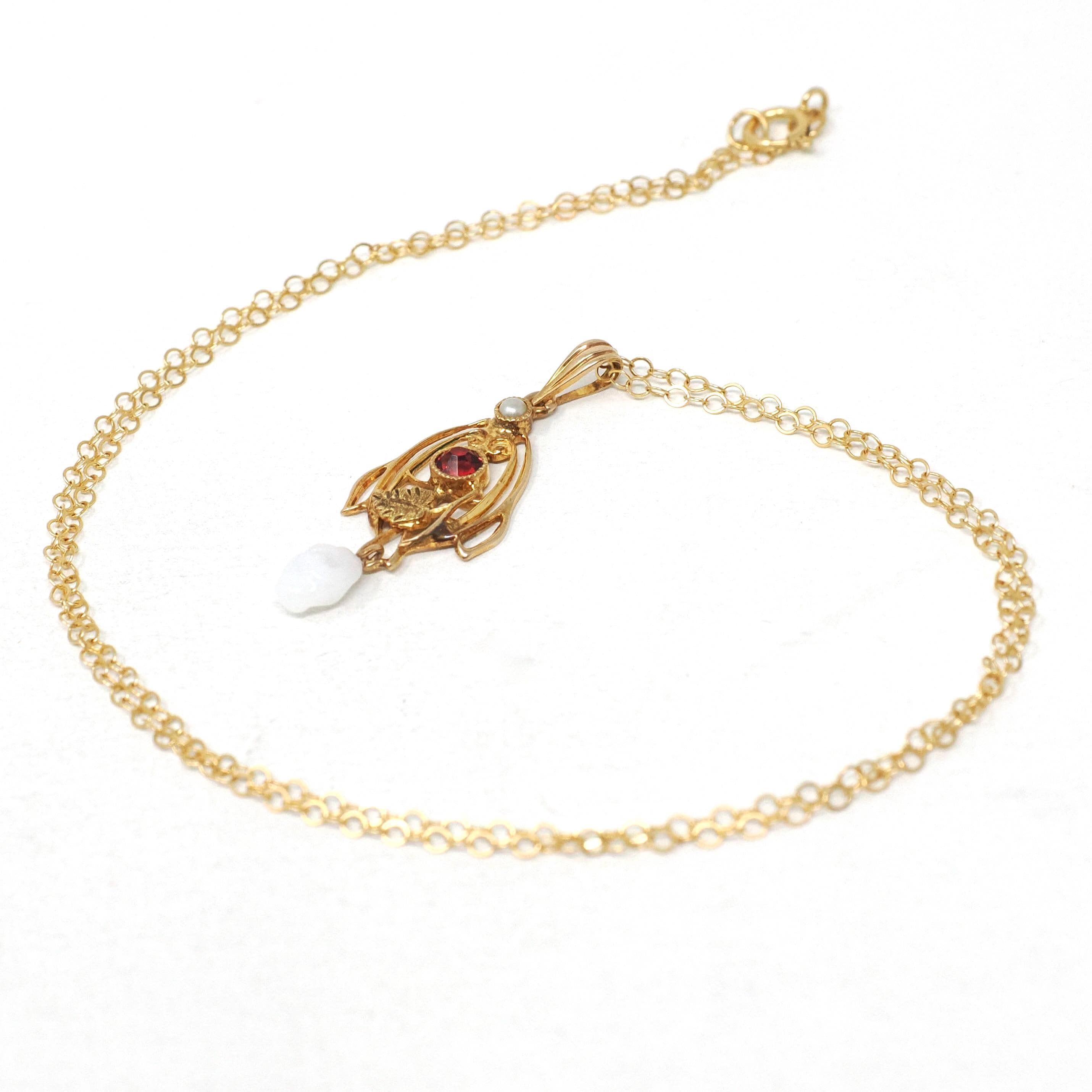 Antique Lavalier Necklace - Edwardian 10k Yellow Gold Red Glass & Seed Pearl Pendant - Circa 1910s Era Simulated Baroque Pearl Fine Jewelry